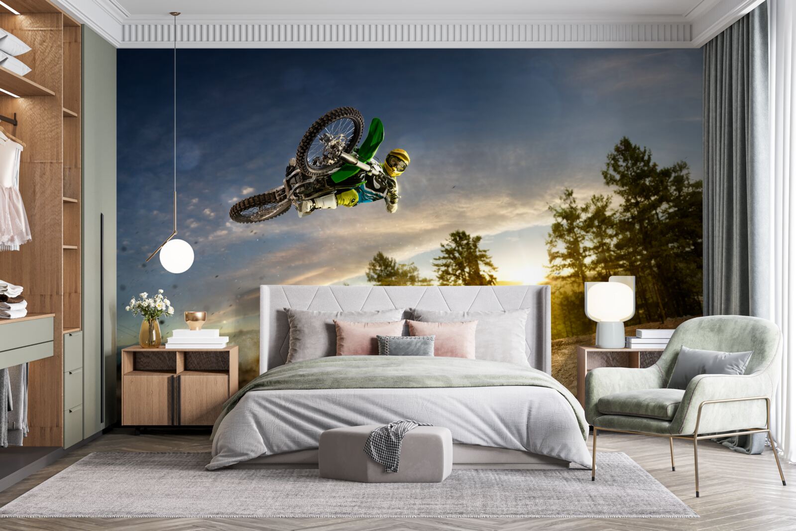 Fototapet săritura pe o motocicletă la apus