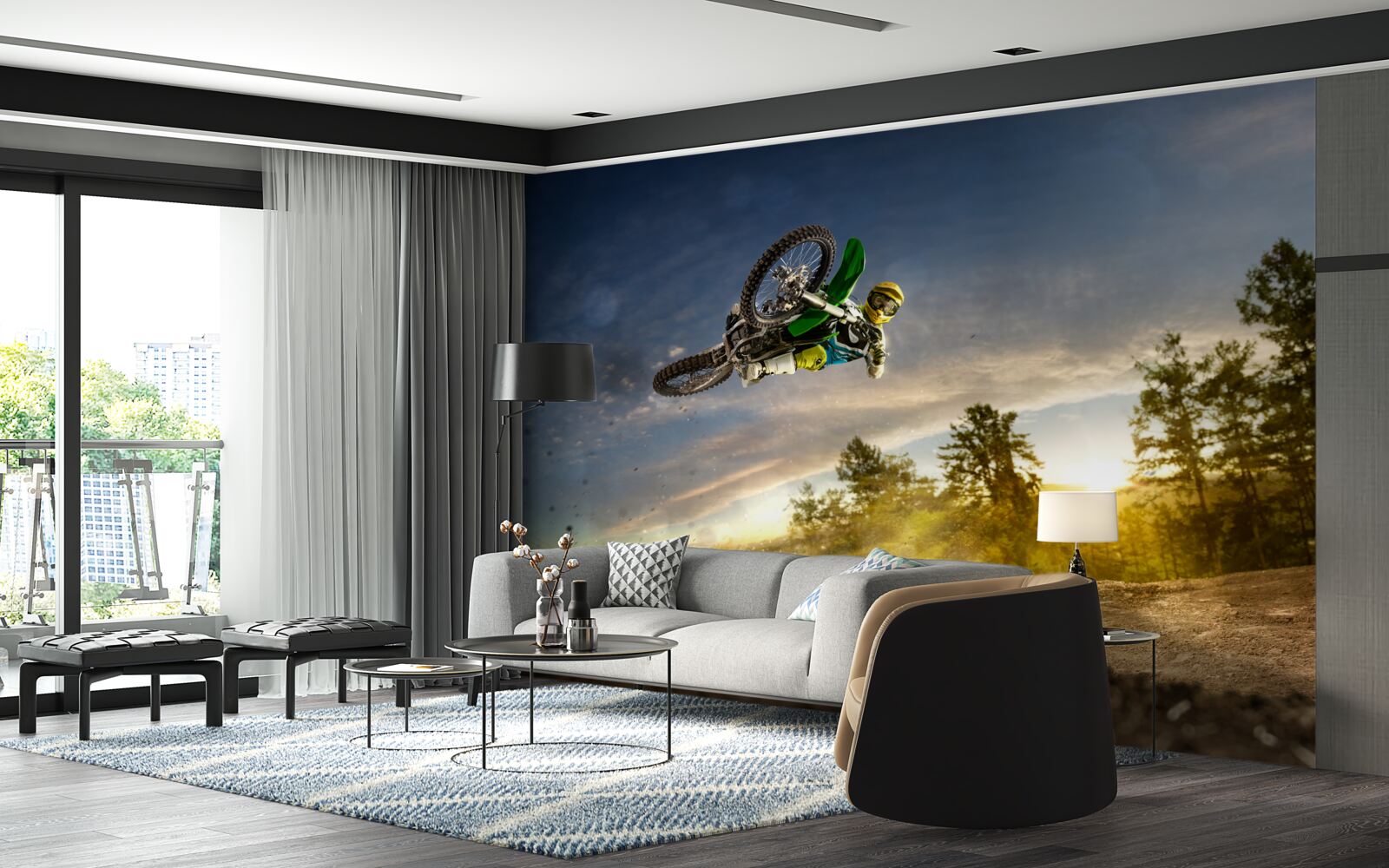 Fototapet săritura pe o motocicletă la apus