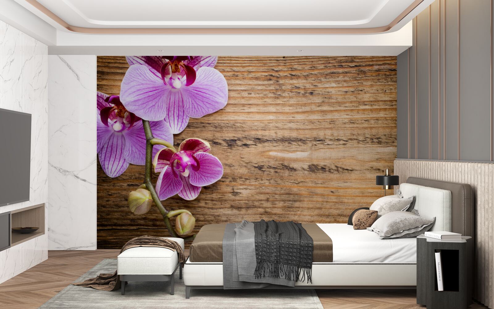 Fototapet orhidee liliac pe un trunchi de copac