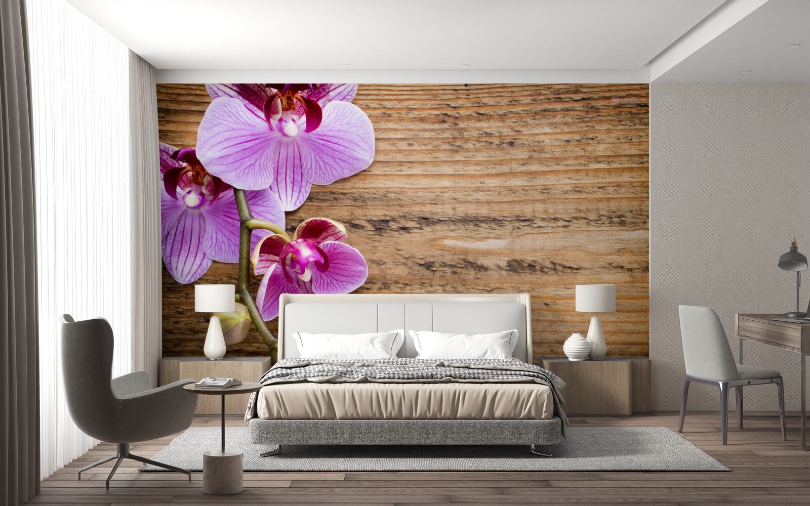 Fototapet orhidee liliac pe un trunchi de copac