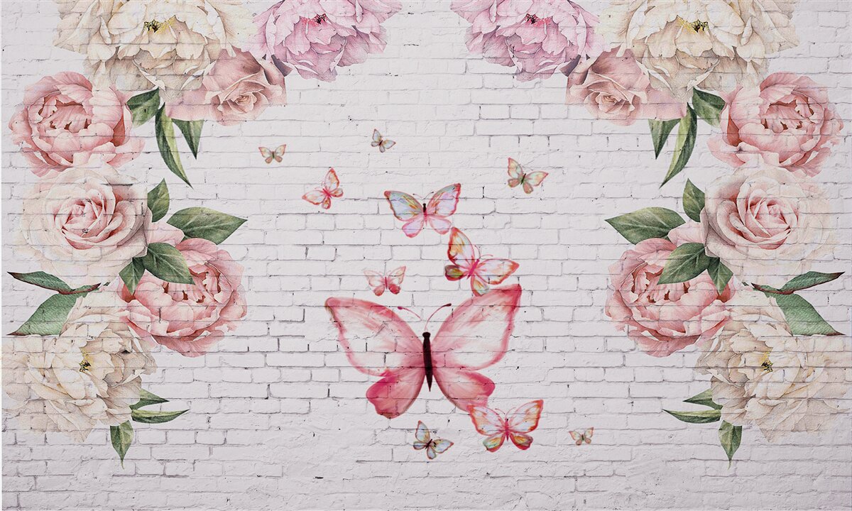 Fototapet fluture decorat cu flori, din sifon