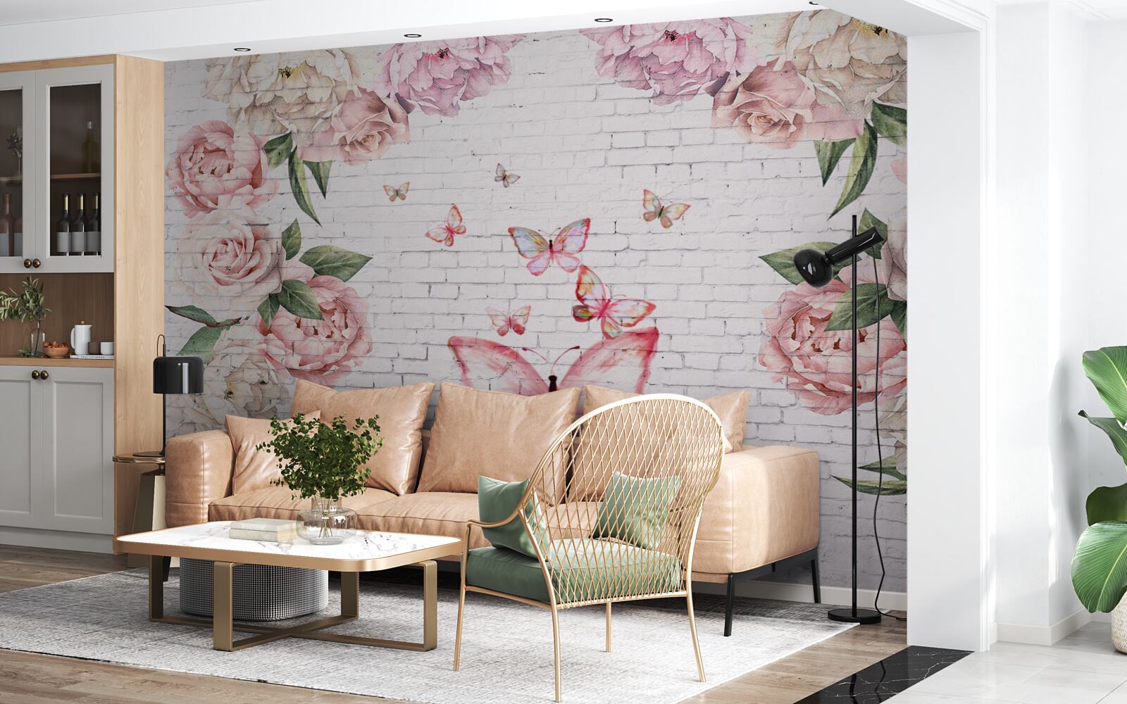 Fototapet fluture decorat cu flori, din sifon