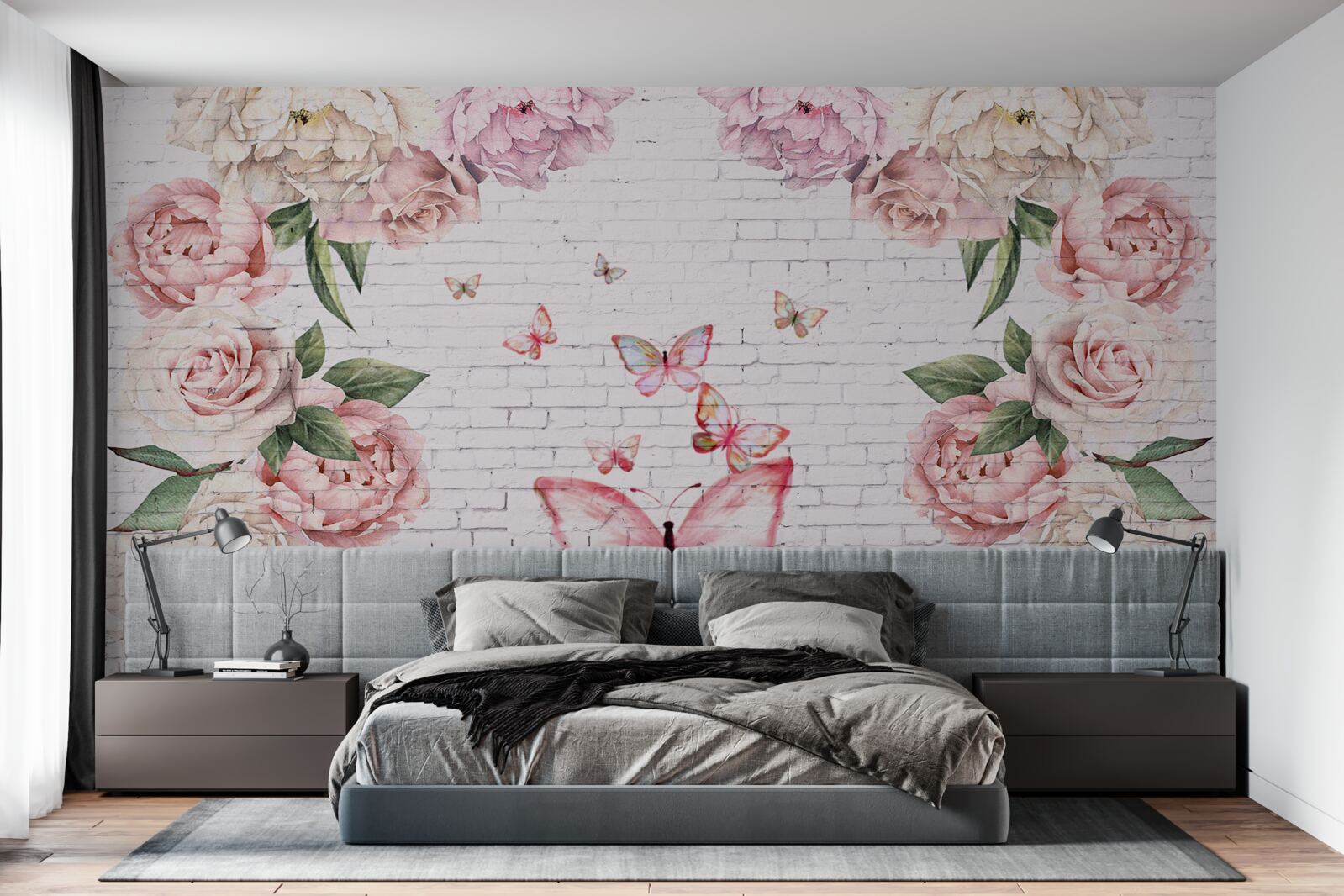 Fototapet fluture decorat cu flori, din sifon