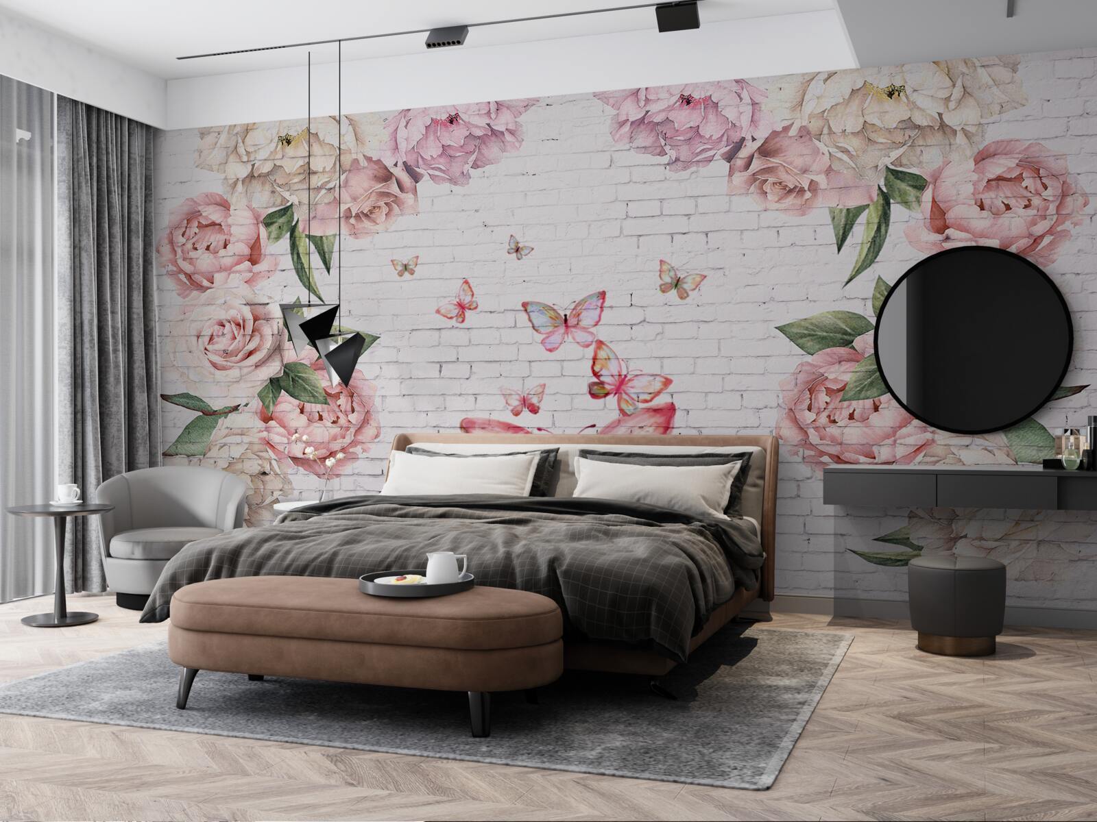 Fototapet fluture decorat cu flori, din sifon