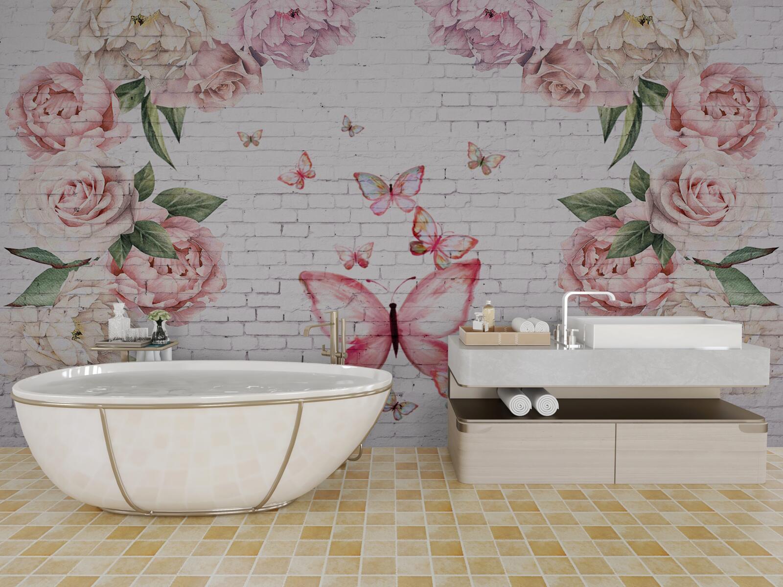 Fototapet fluture decorat cu flori, din sifon