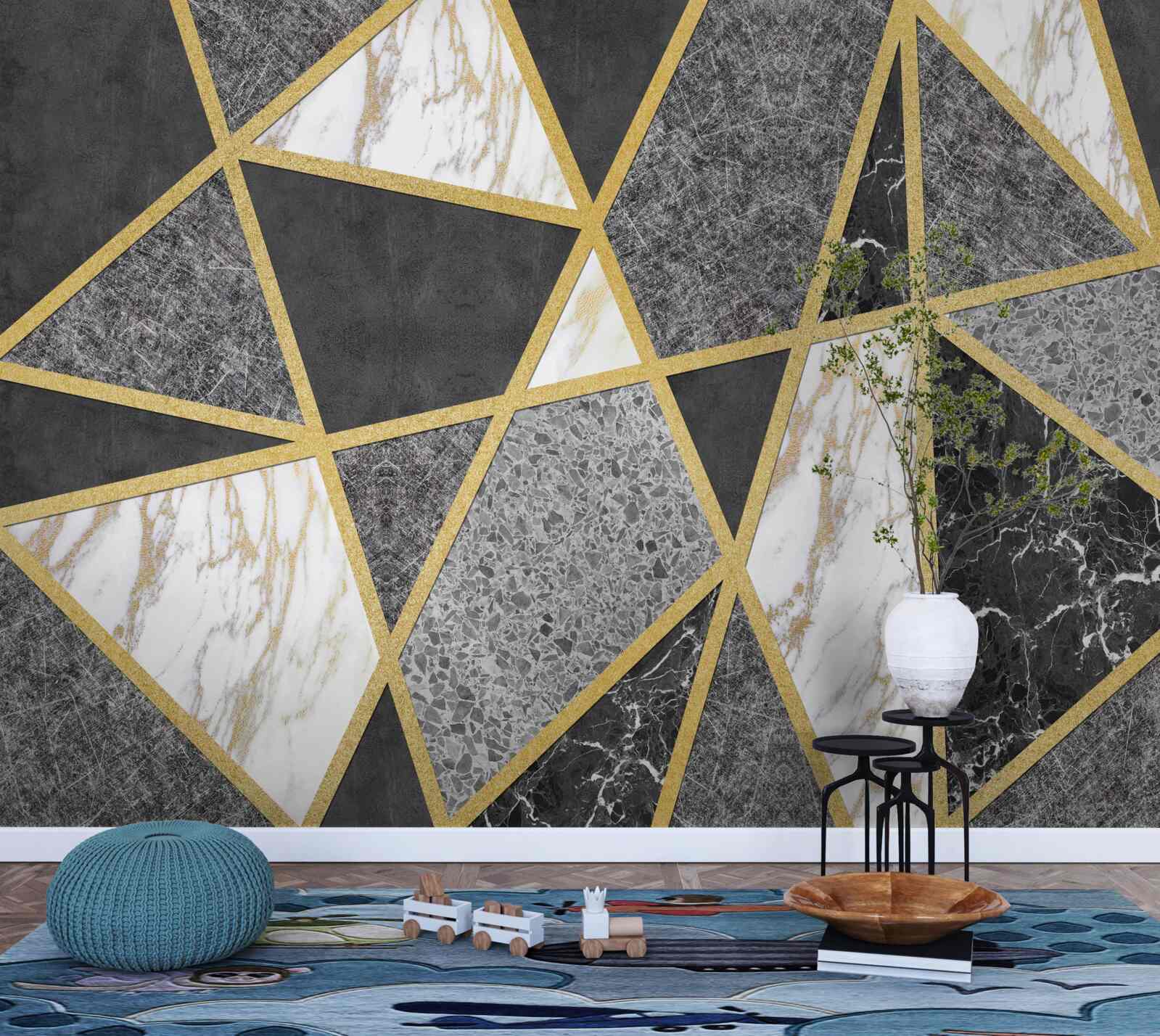 Fototapet mozaic alb-negru cu accente aurii