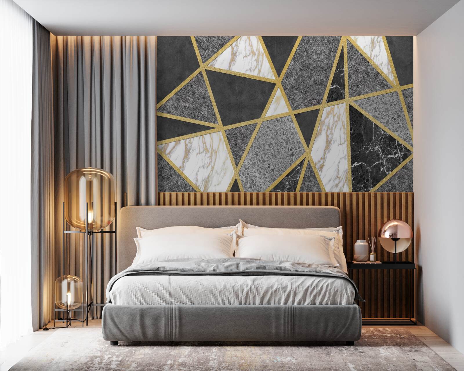 Fototapet mozaic alb-negru cu accente aurii