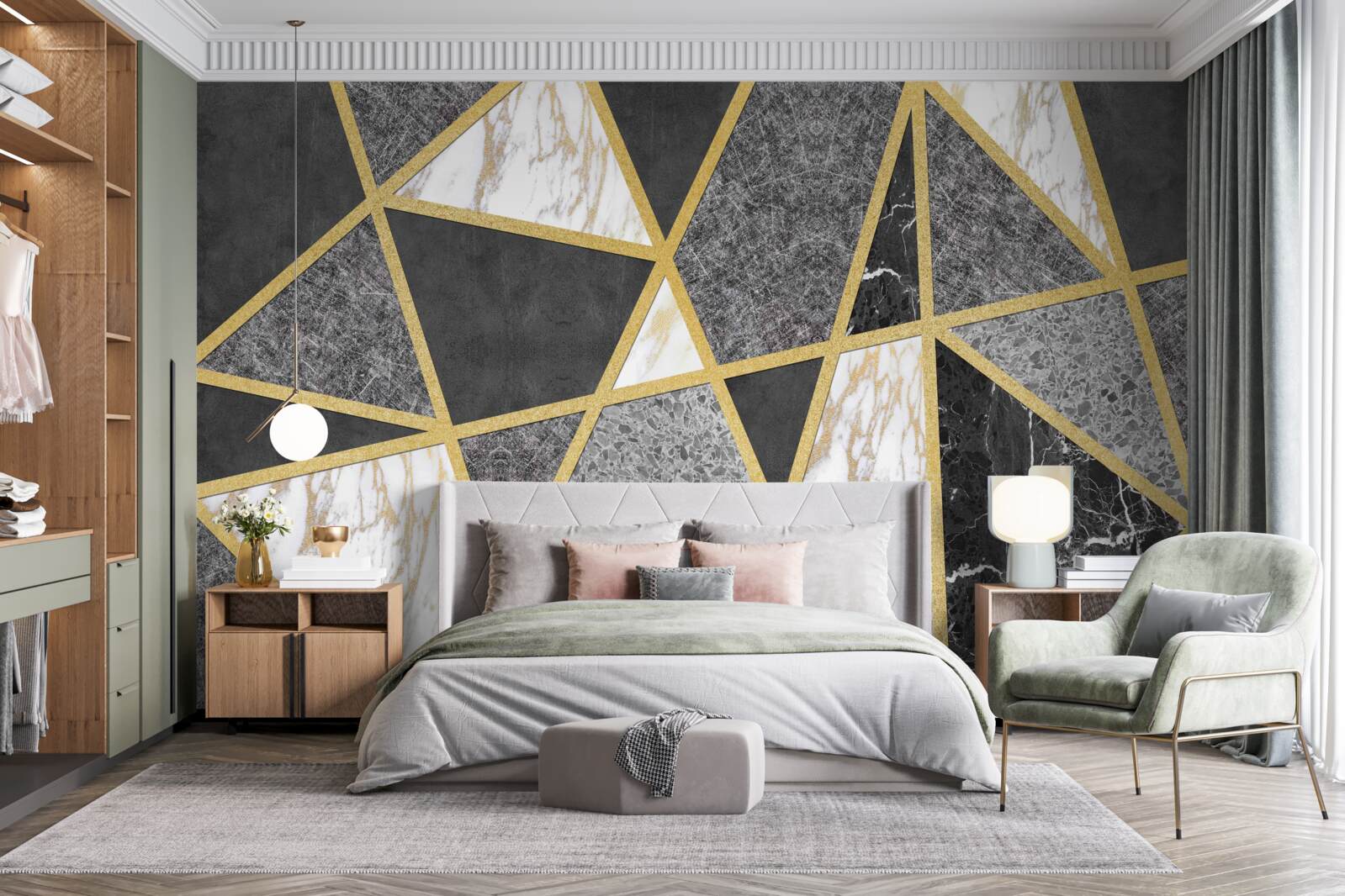 Fototapet mozaic alb-negru cu accente aurii