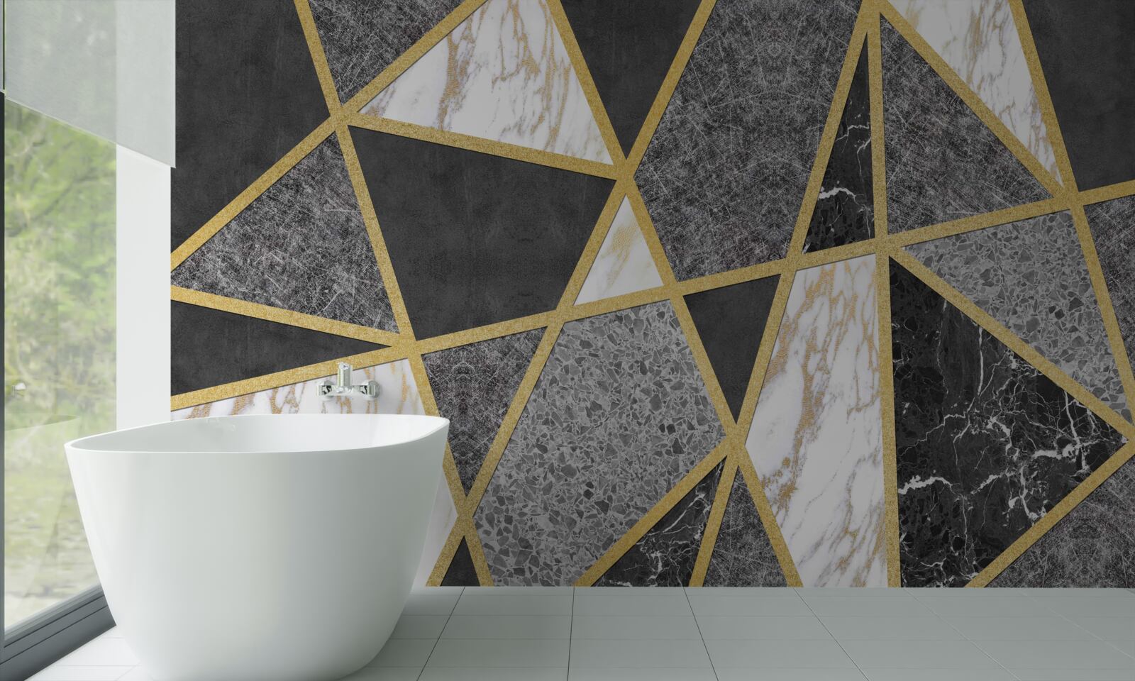 Fototapet mozaic alb-negru cu accente aurii