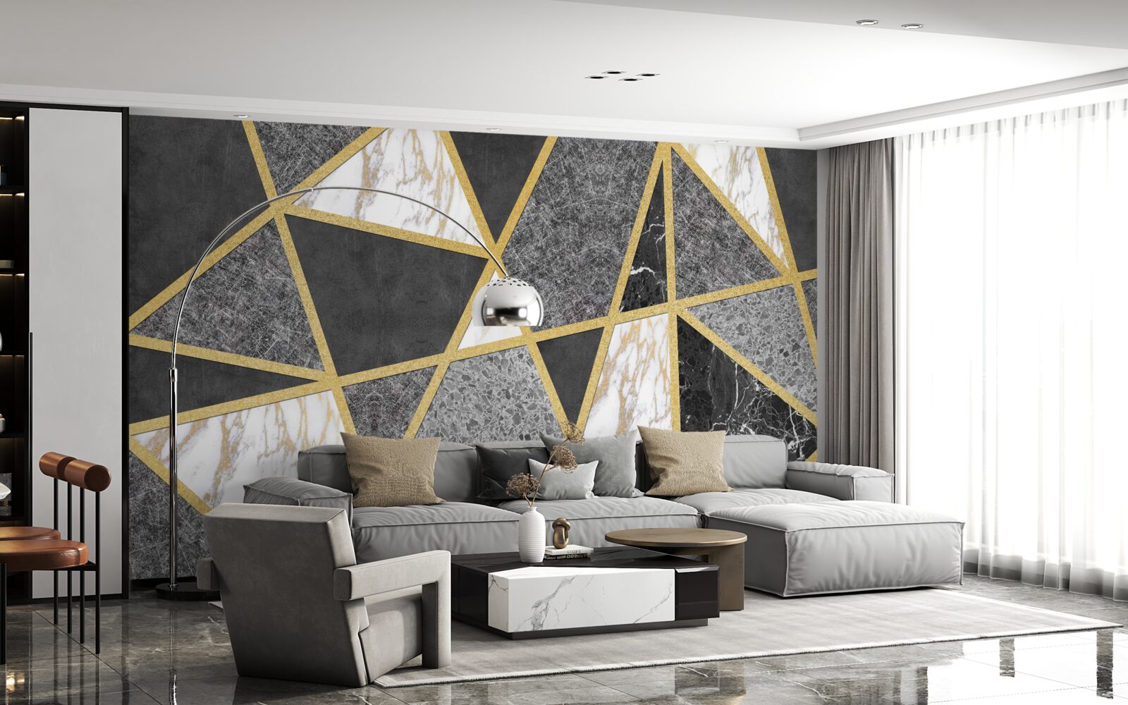 Fototapet mozaic alb-negru cu accente aurii