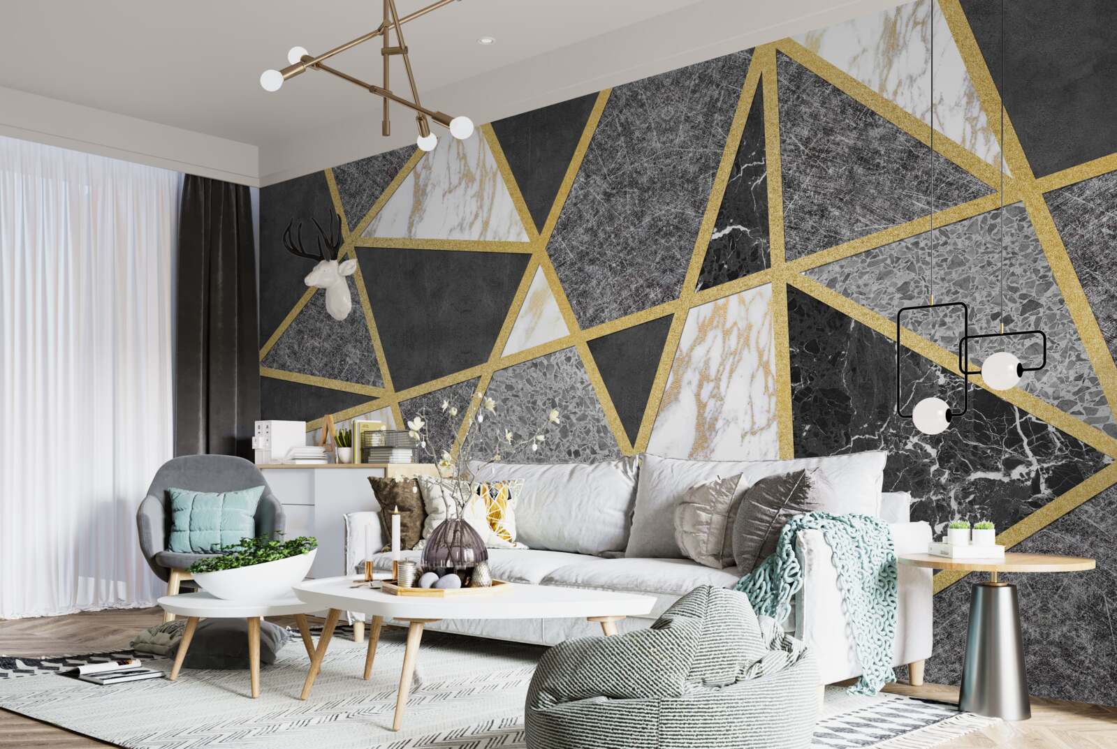 Fototapet mozaic alb-negru cu accente aurii