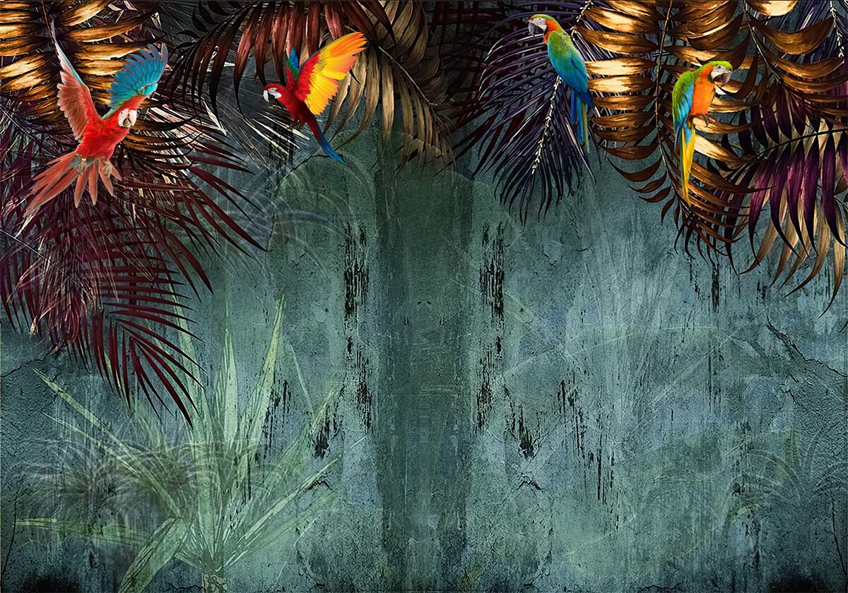 Fototapet seara papagalii stau pe frunze tropicale