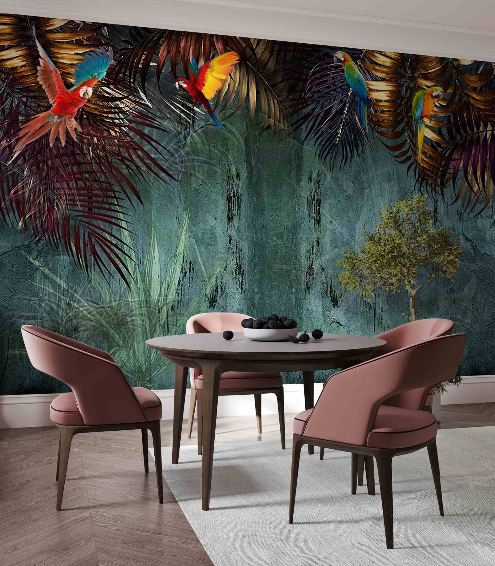 Fototapet seara papagalii stau pe frunze tropicale