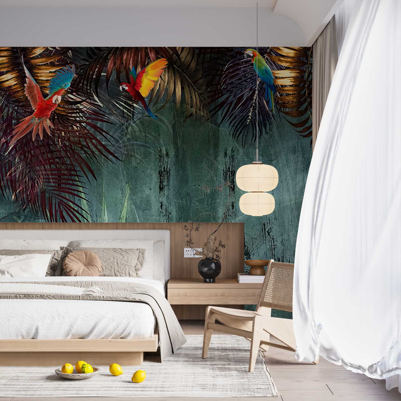 Fototapet seara papagalii stau pe frunze tropicale