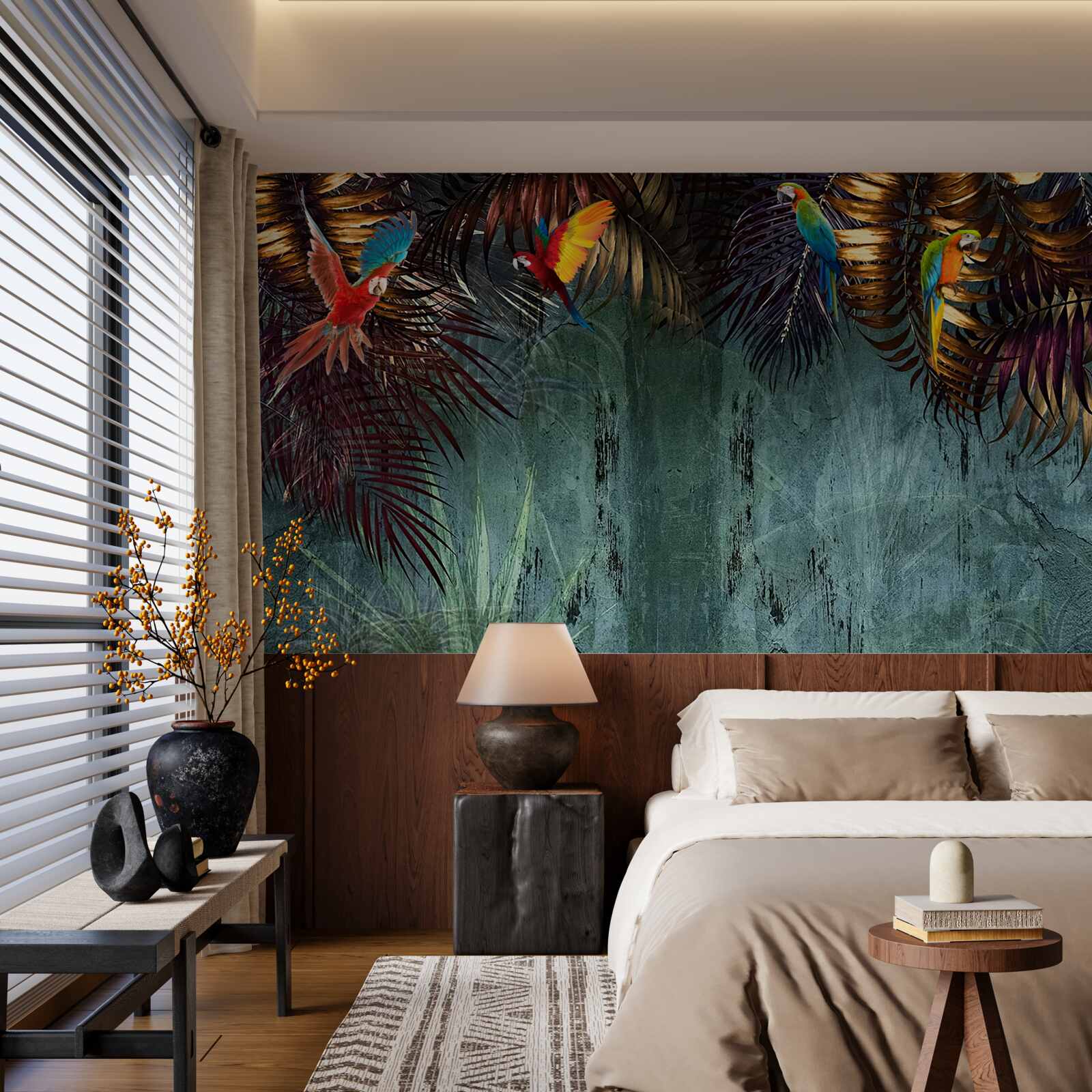 Fototapet seara papagalii stau pe frunze tropicale