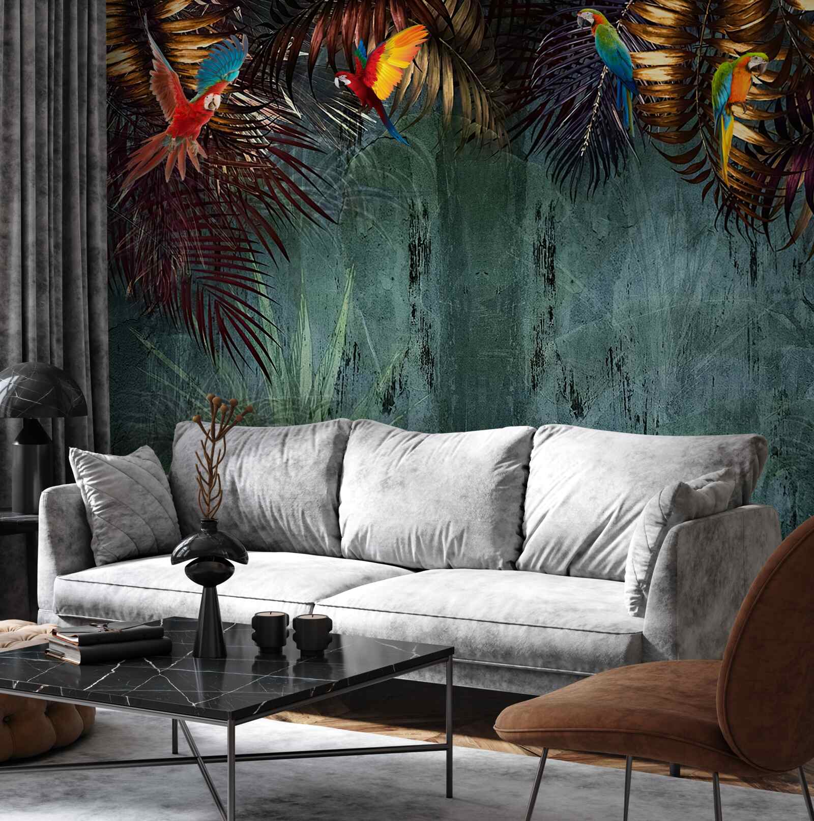 Fototapet seara papagalii stau pe frunze tropicale