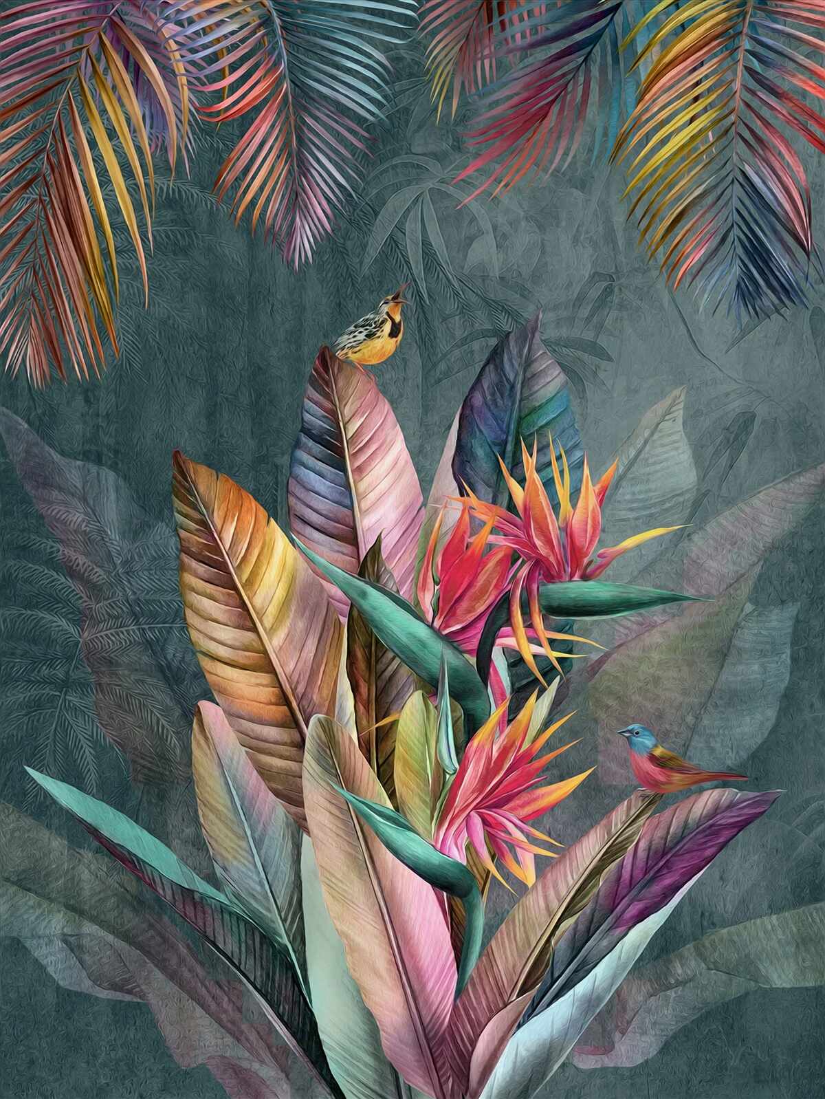 Fototapet păsări pe frunze strălucitoare de toamnă