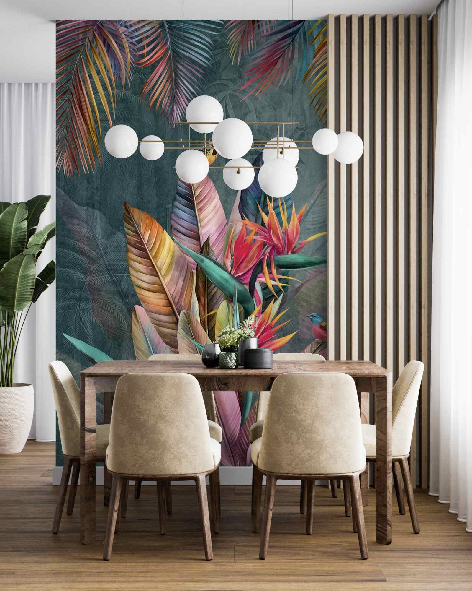 Fototapet păsări pe frunze strălucitoare de toamnă