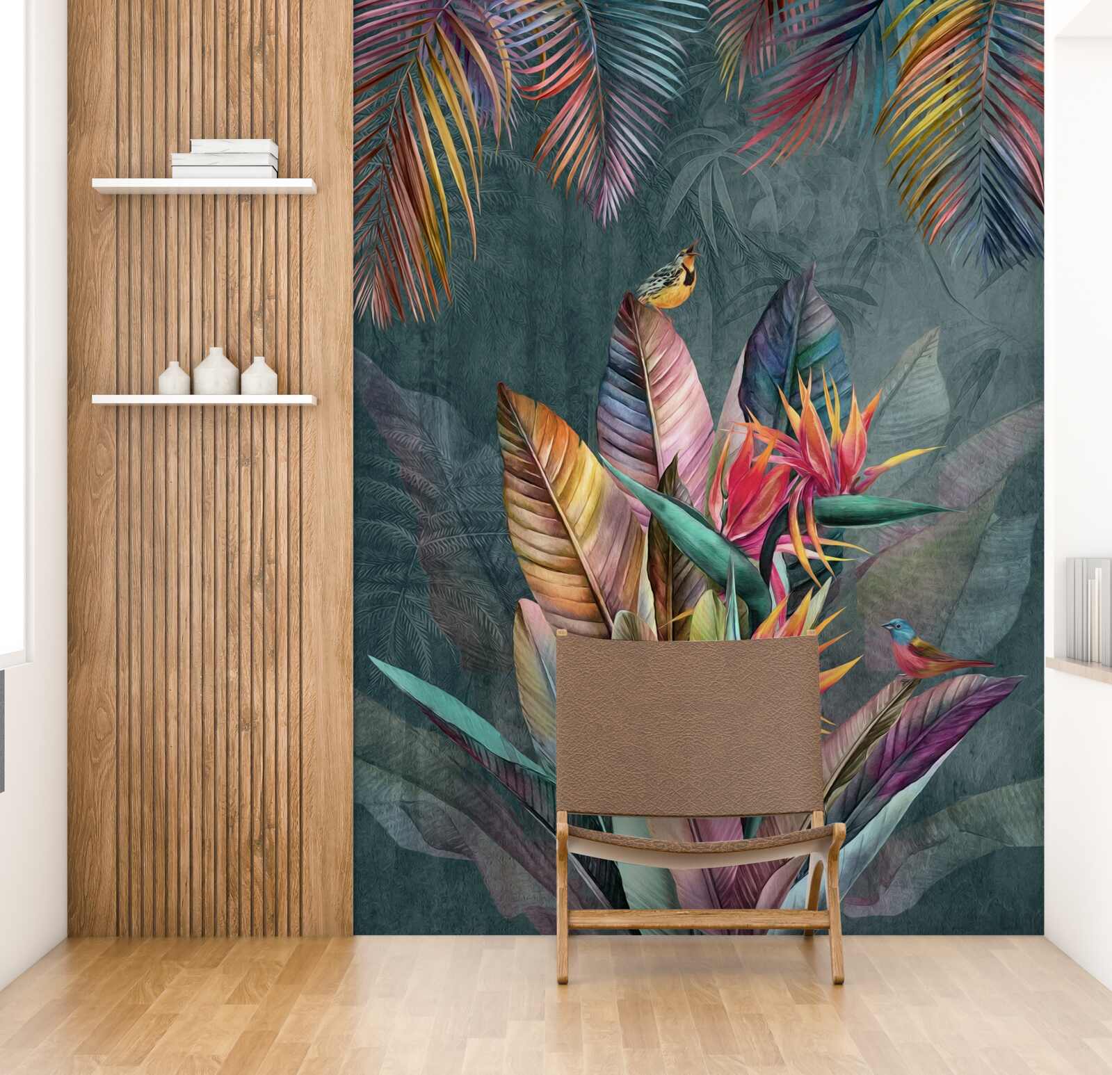 Fototapet păsări pe frunze strălucitoare de toamnă