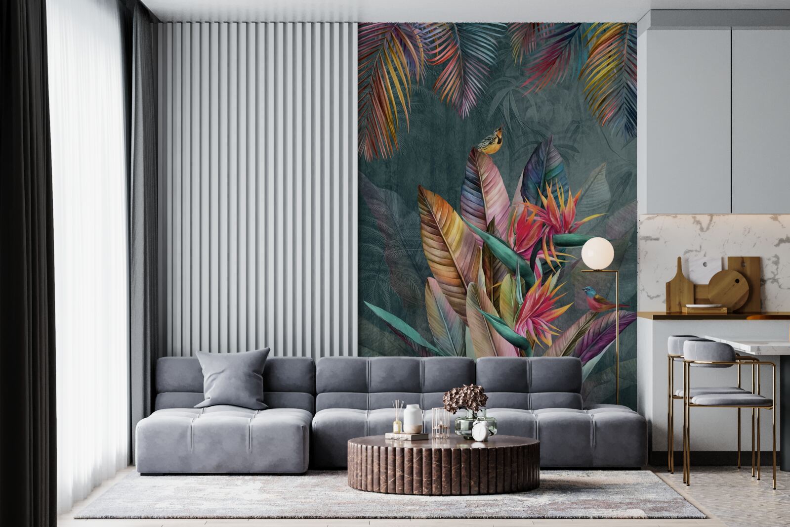 Fototapet păsări pe frunze strălucitoare de toamnă