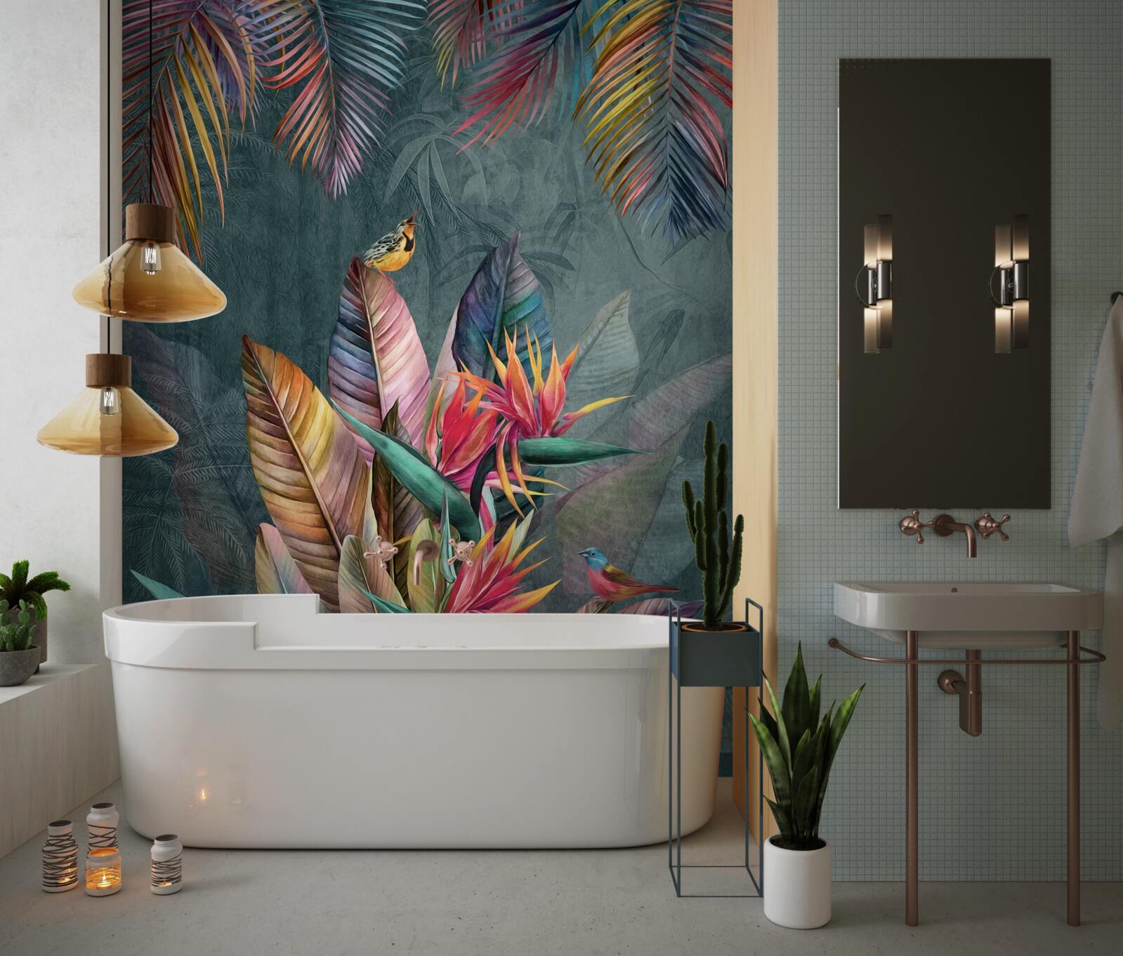 Fototapet păsări pe frunze strălucitoare de toamnă