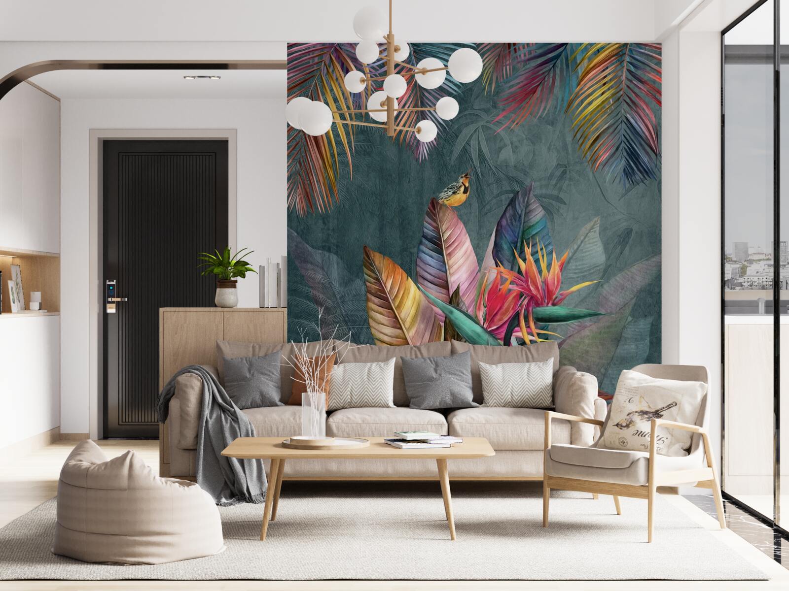 Fototapet păsări pe frunze strălucitoare de toamnă