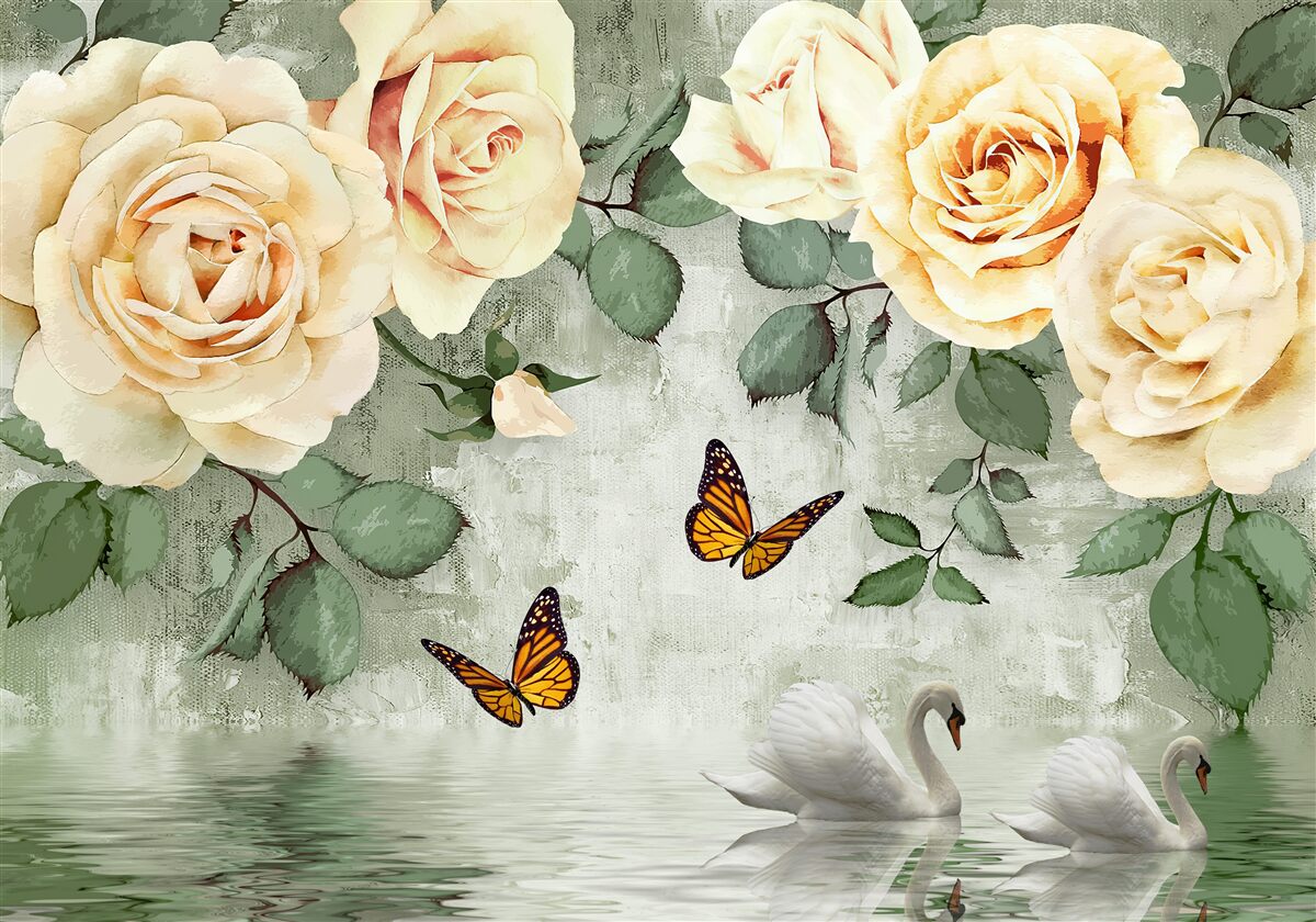Fototapet trandafiri crem cu fluturi în apropiere