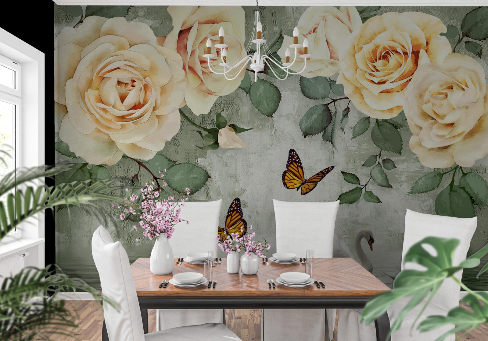 Fototapet trandafiri crem cu fluturi în apropiere