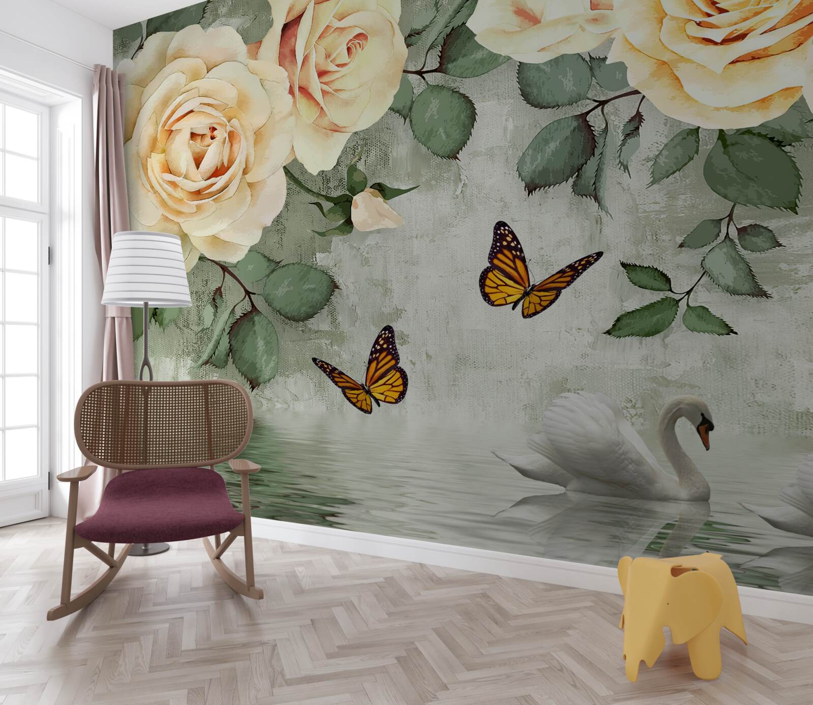 Fototapet trandafiri crem cu fluturi în apropiere