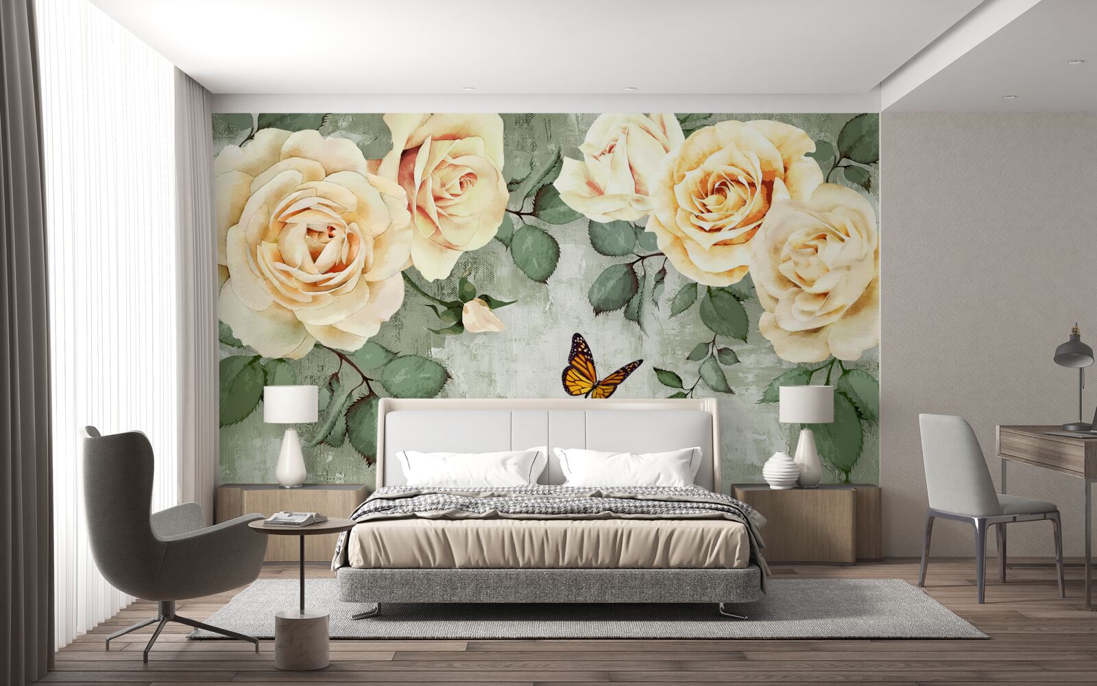 Fototapet trandafiri crem cu fluturi în apropiere