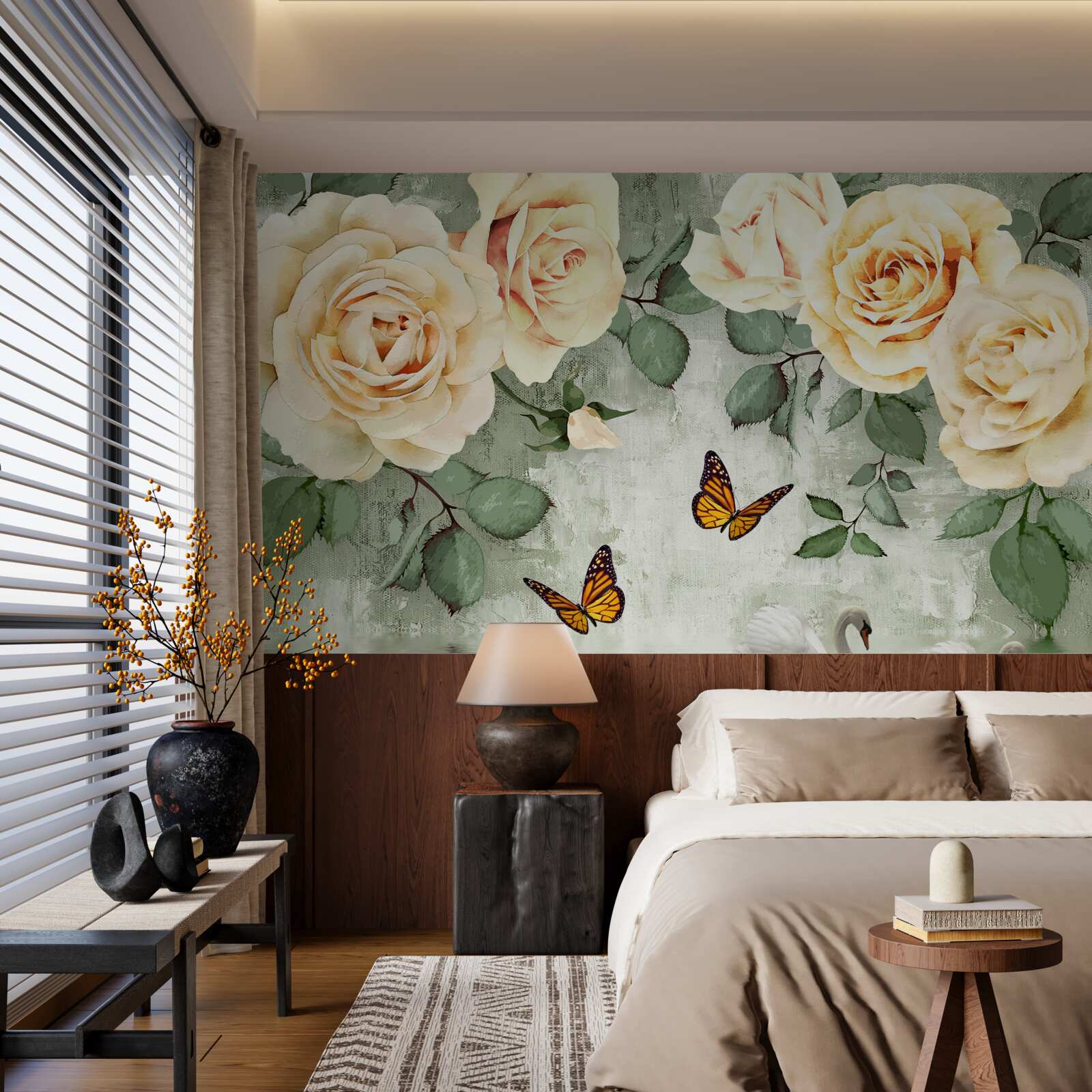 Fototapet trandafiri crem cu fluturi în apropiere