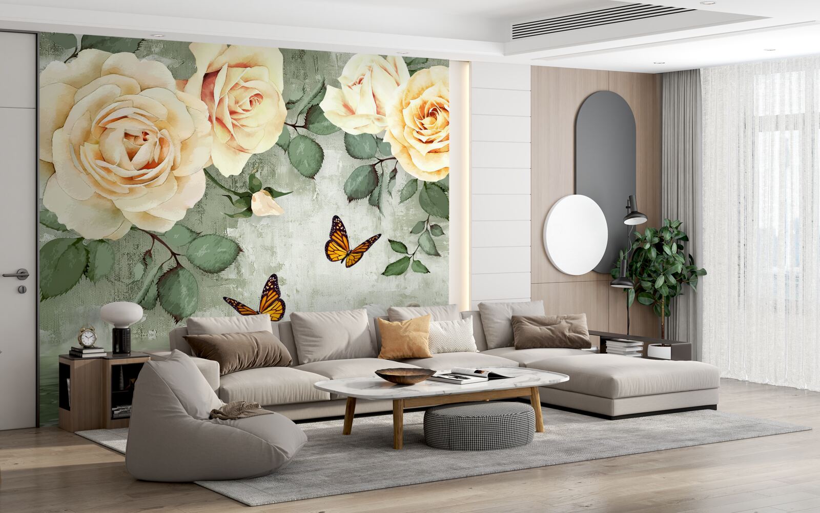 Fototapet trandafiri crem cu fluturi în apropiere