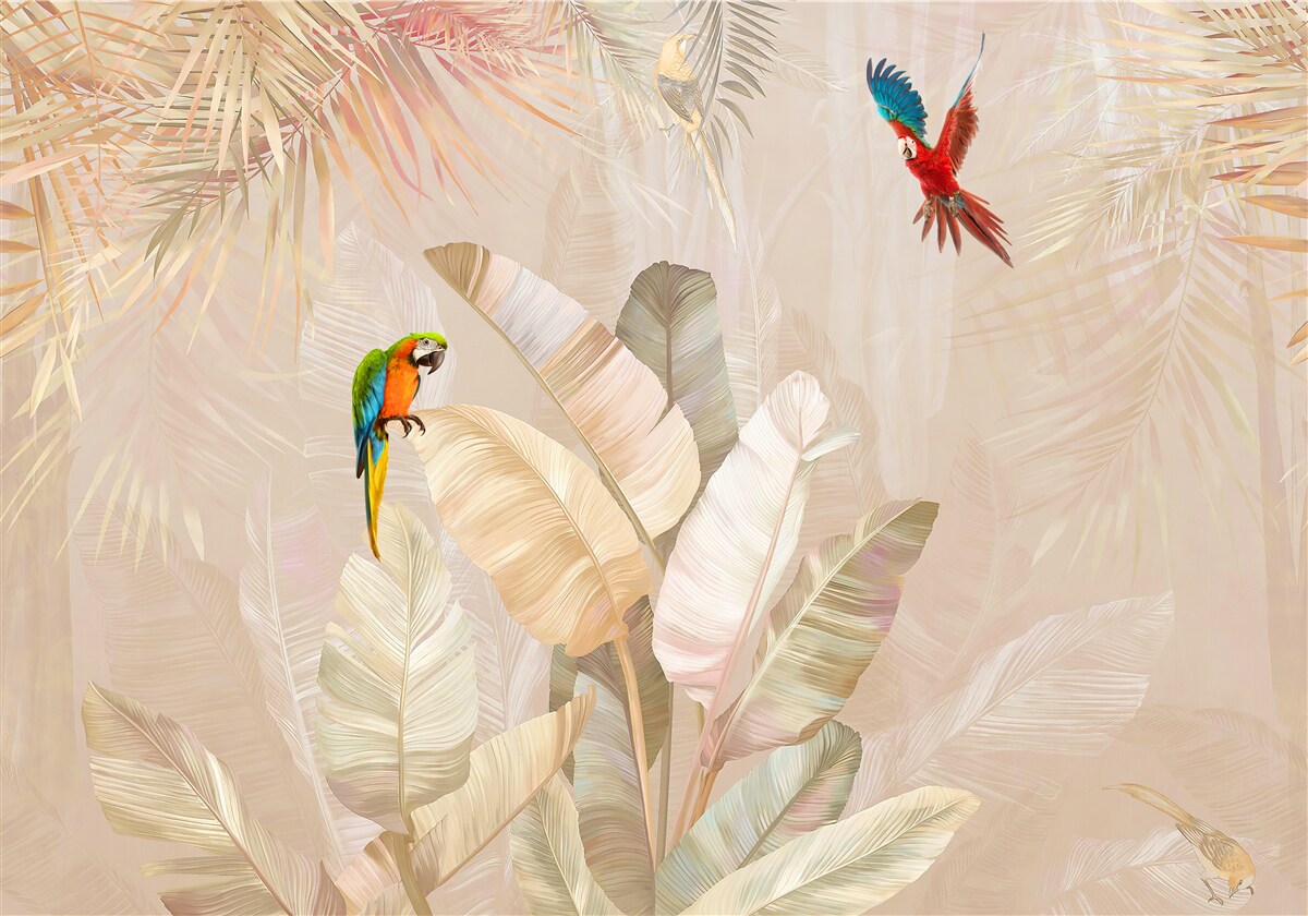 Fototapet feriga strălucitoare servește drept adăpost pentru papagali