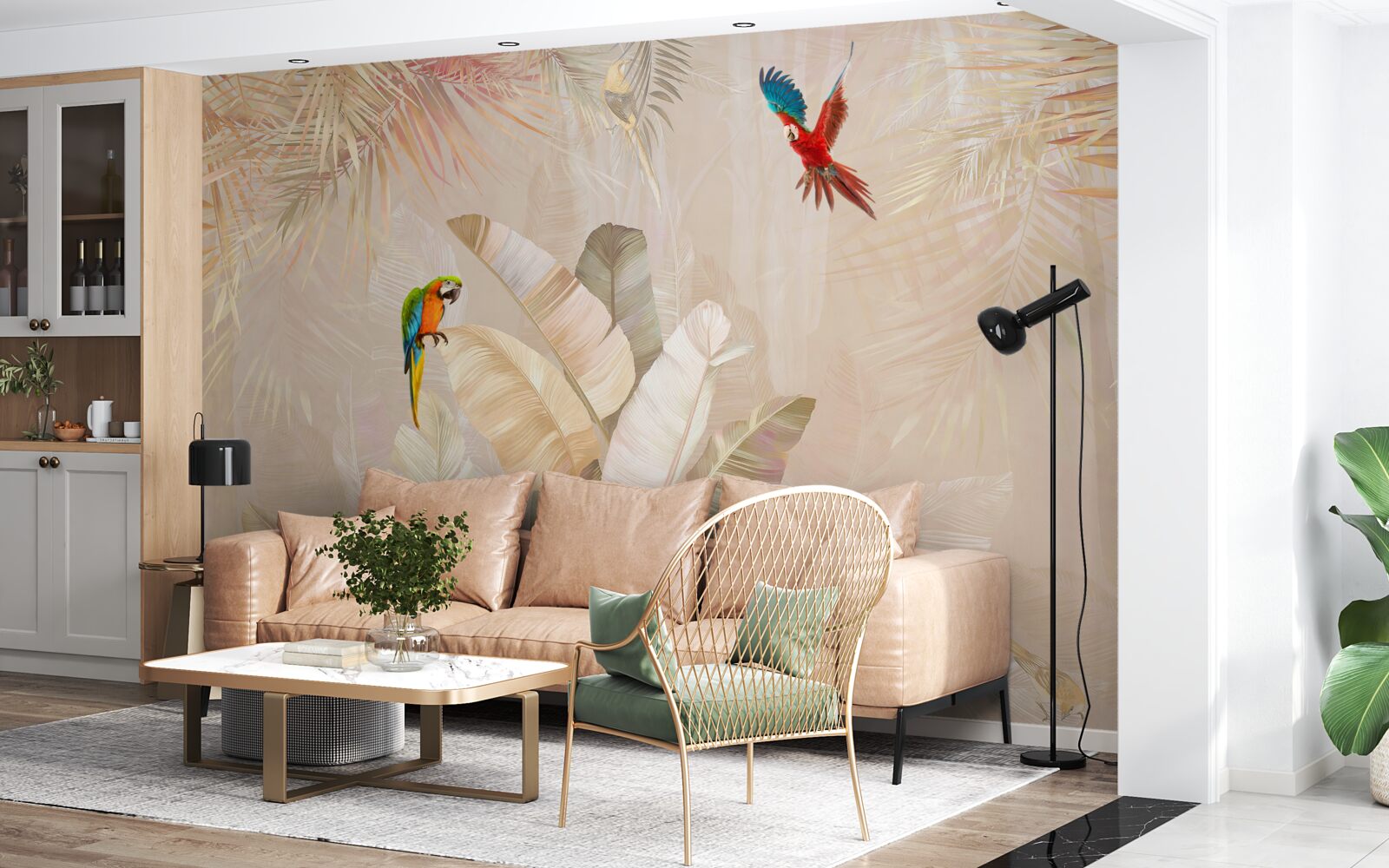 Fototapet feriga strălucitoare servește drept adăpost pentru papagali