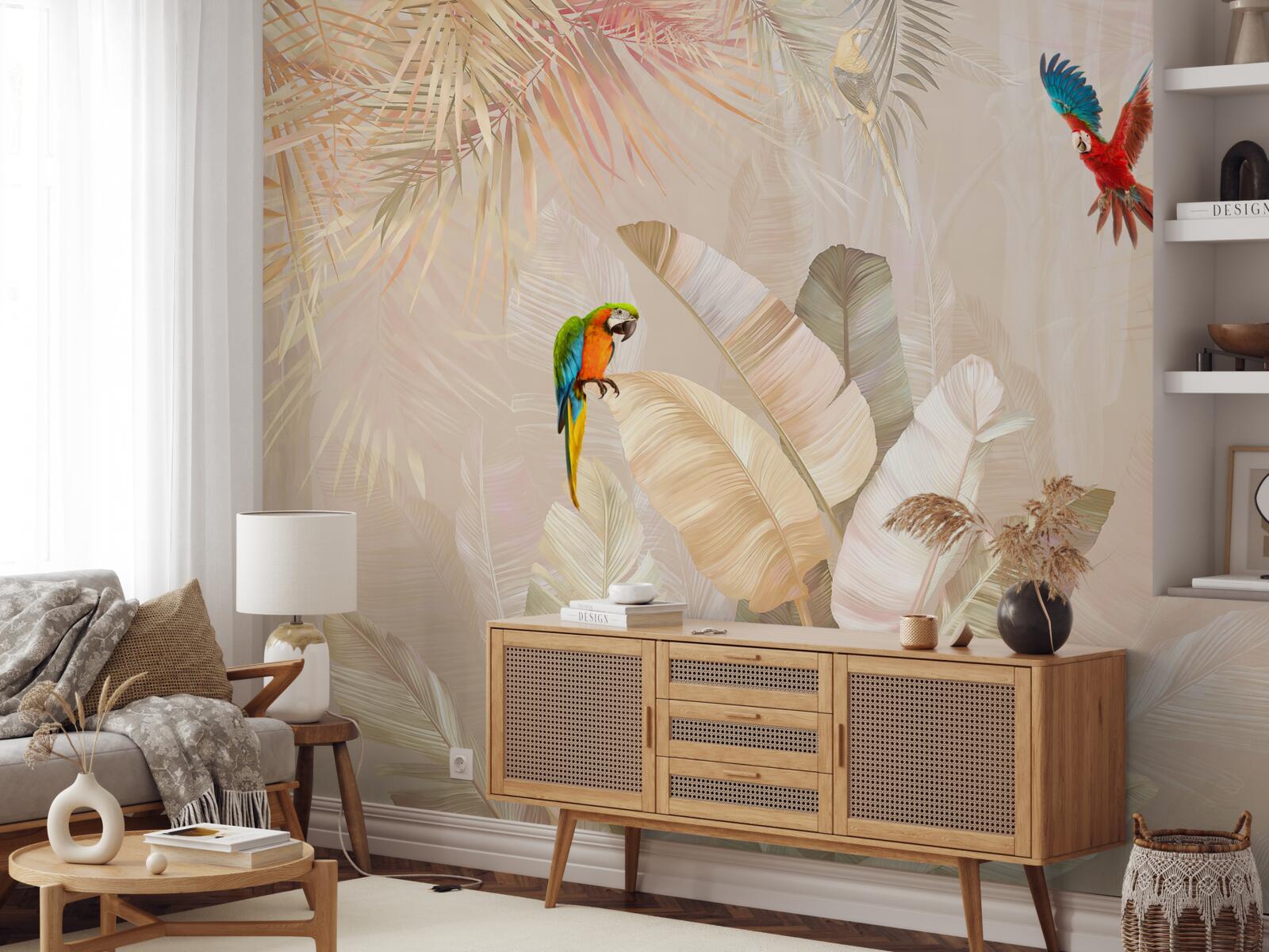 Fototapet feriga strălucitoare servește drept adăpost pentru papagali