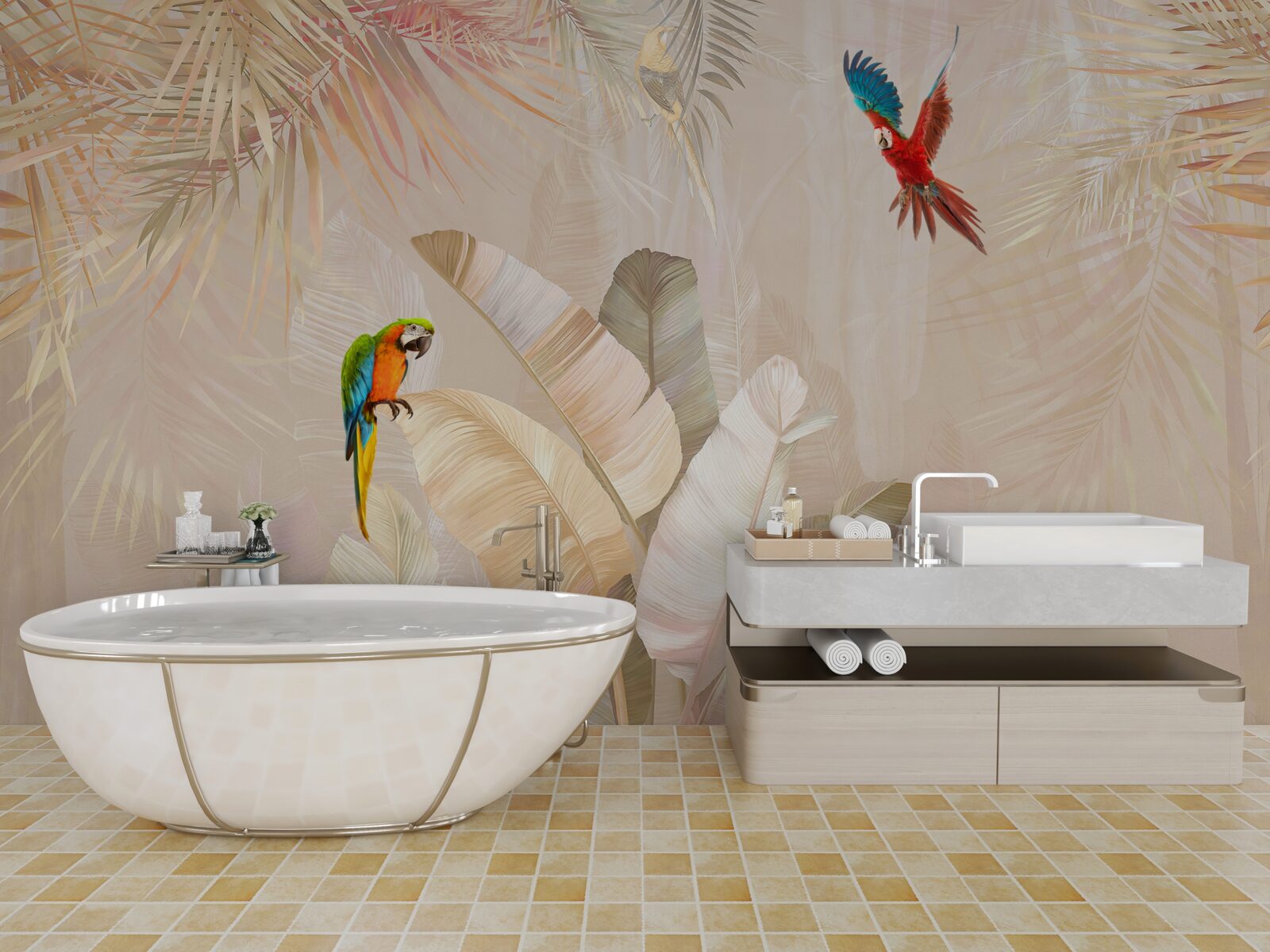 Fototapet feriga strălucitoare servește drept adăpost pentru papagali