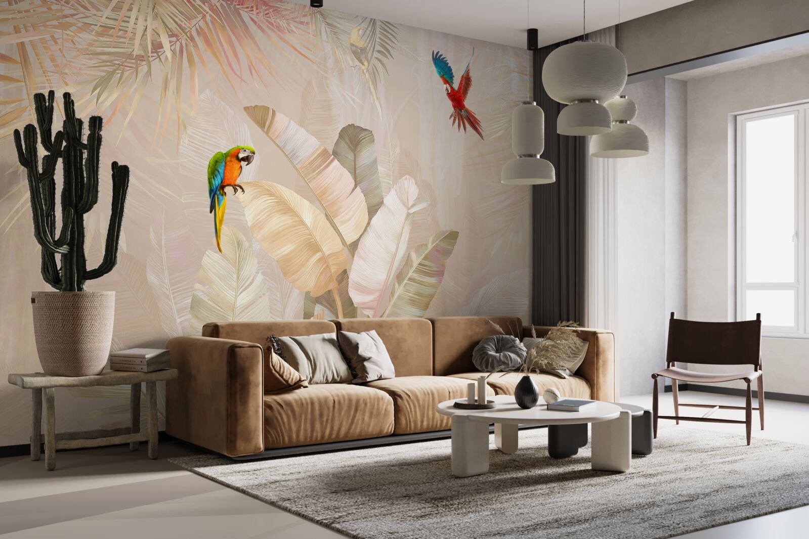 Fototapet feriga strălucitoare servește drept adăpost pentru papagali