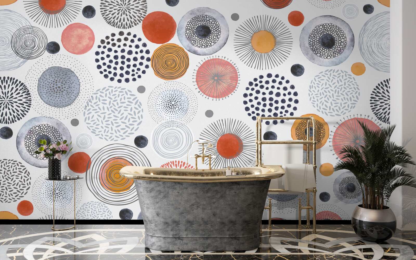 Fototapet covoare colorate care contrastează cu griul