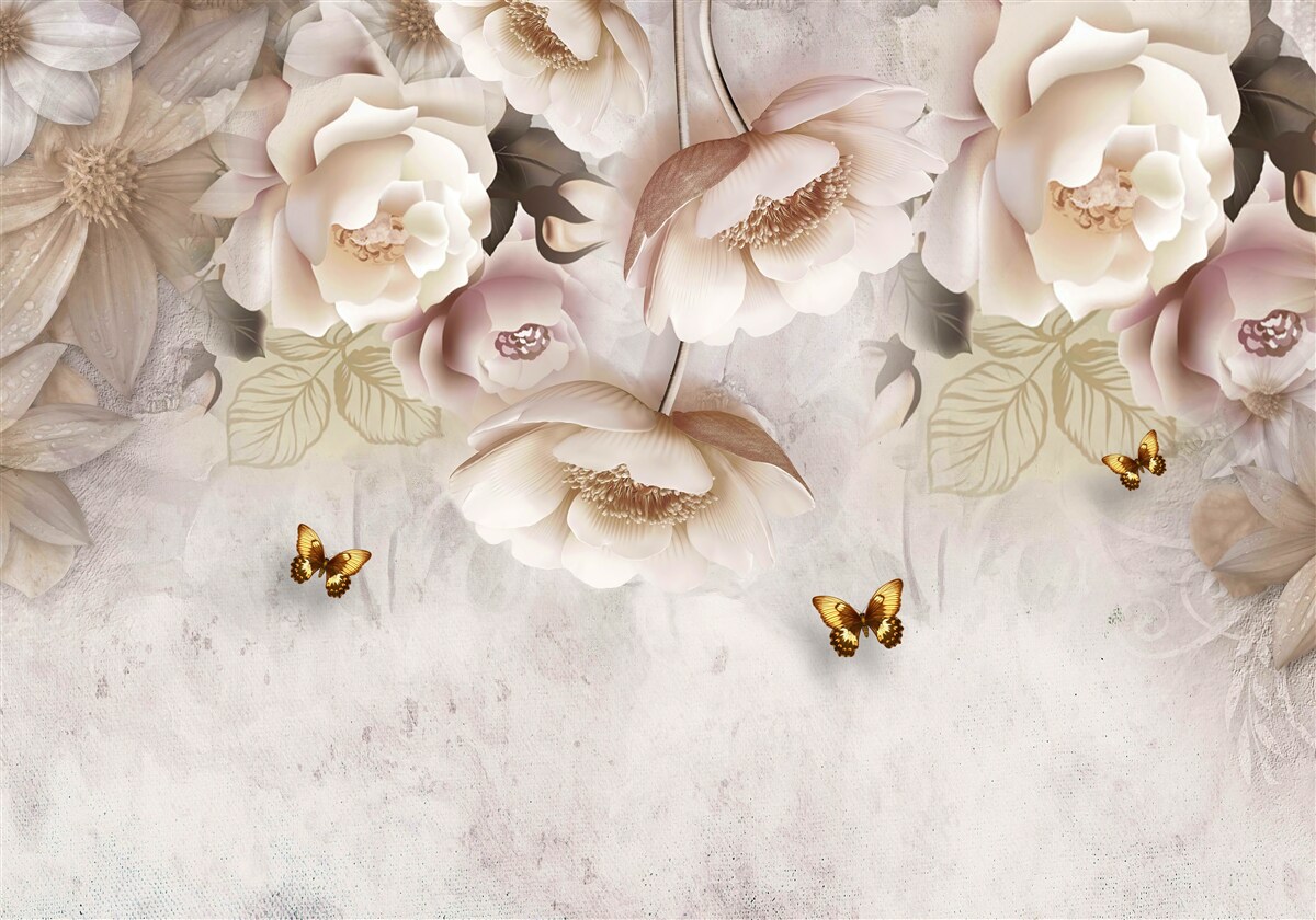 Fototapet trandafiri în nuanțe de crem și fluturi ușori