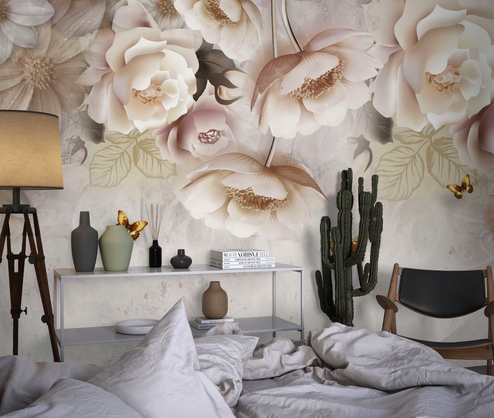 Fototapet trandafiri în nuanțe de crem și fluturi ușori