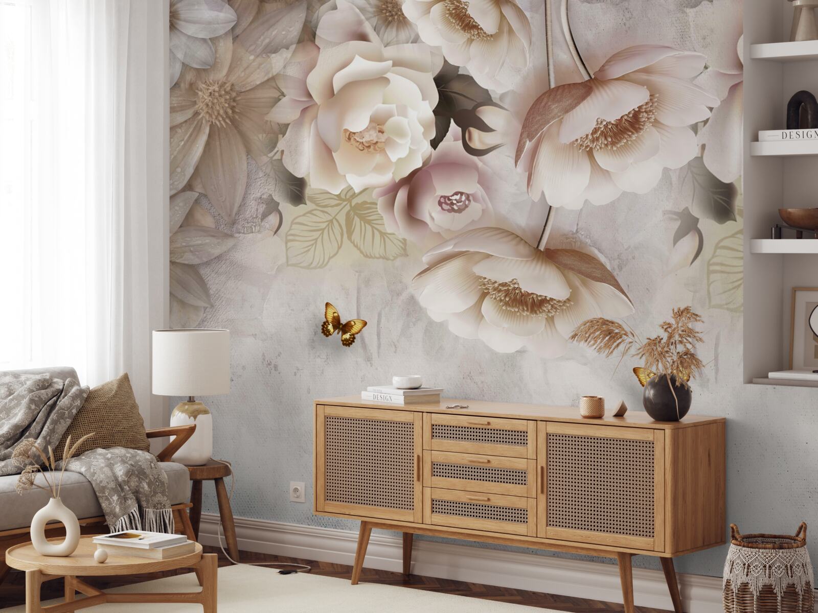 Fototapet trandafiri în nuanțe de crem și fluturi ușori