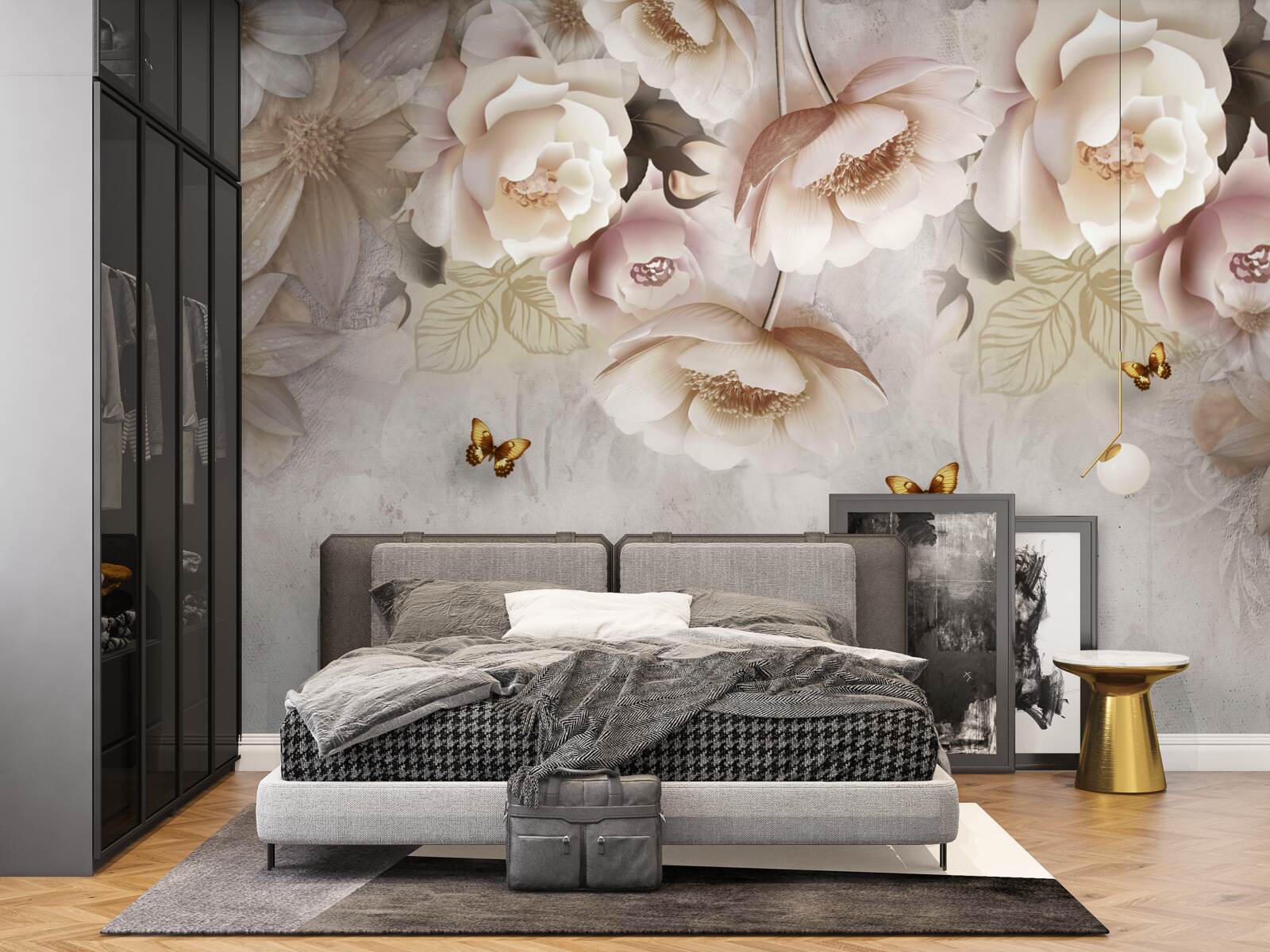 Fototapet trandafiri în nuanțe de crem și fluturi ușori