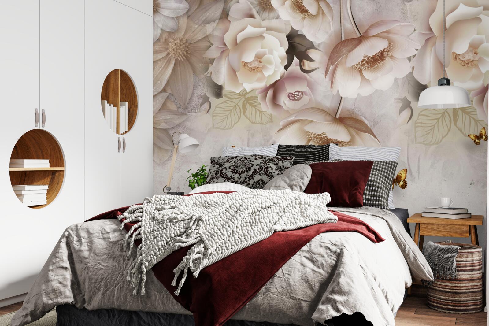 Fototapet trandafiri în nuanțe de crem și fluturi ușori