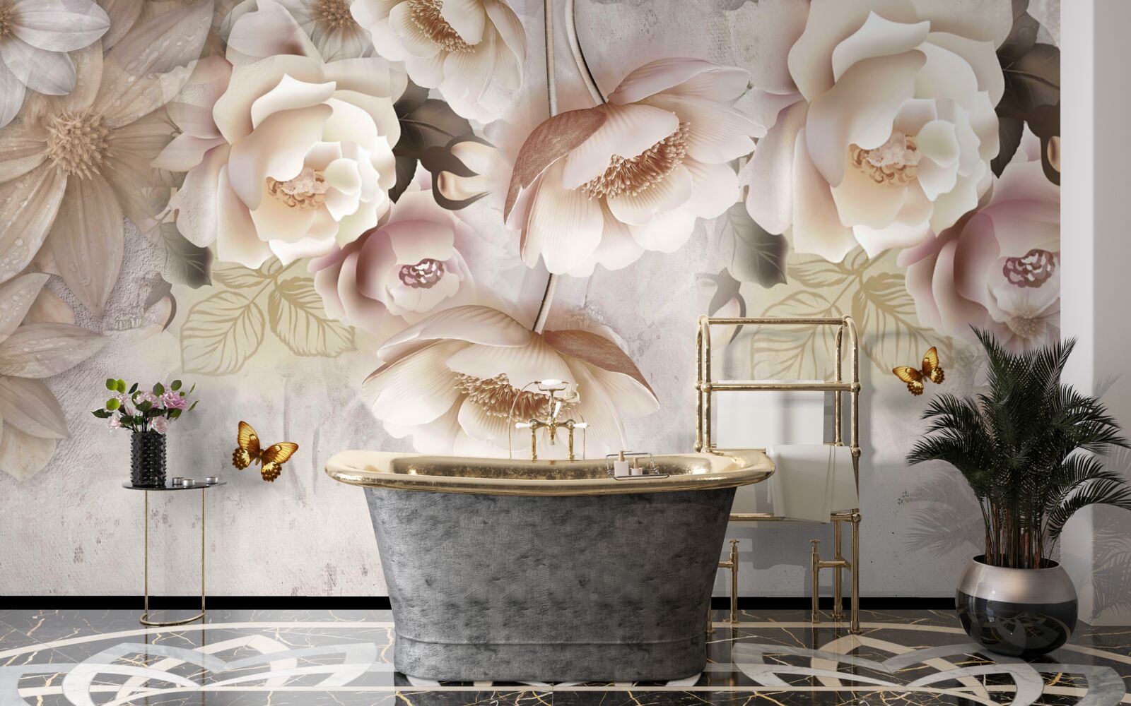 Fototapet trandafiri în nuanțe de crem și fluturi ușori