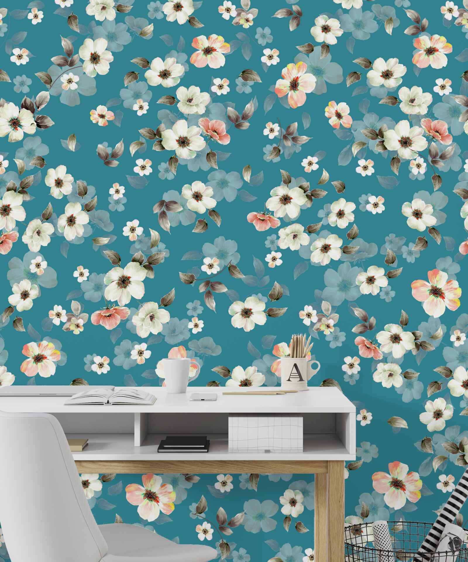 Fototapet flori mici pe o bază albastră