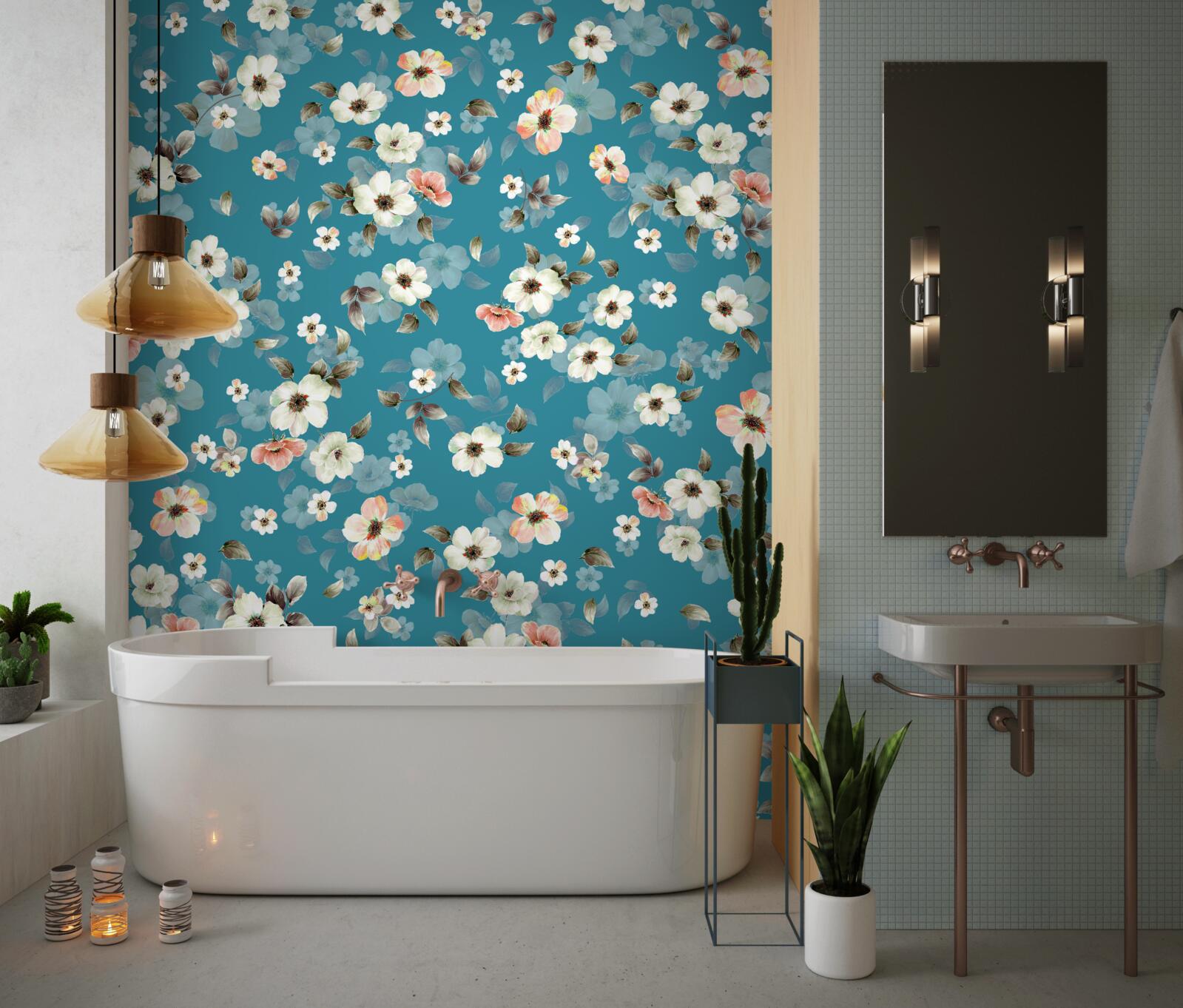 Fototapet flori mici pe o bază albastră