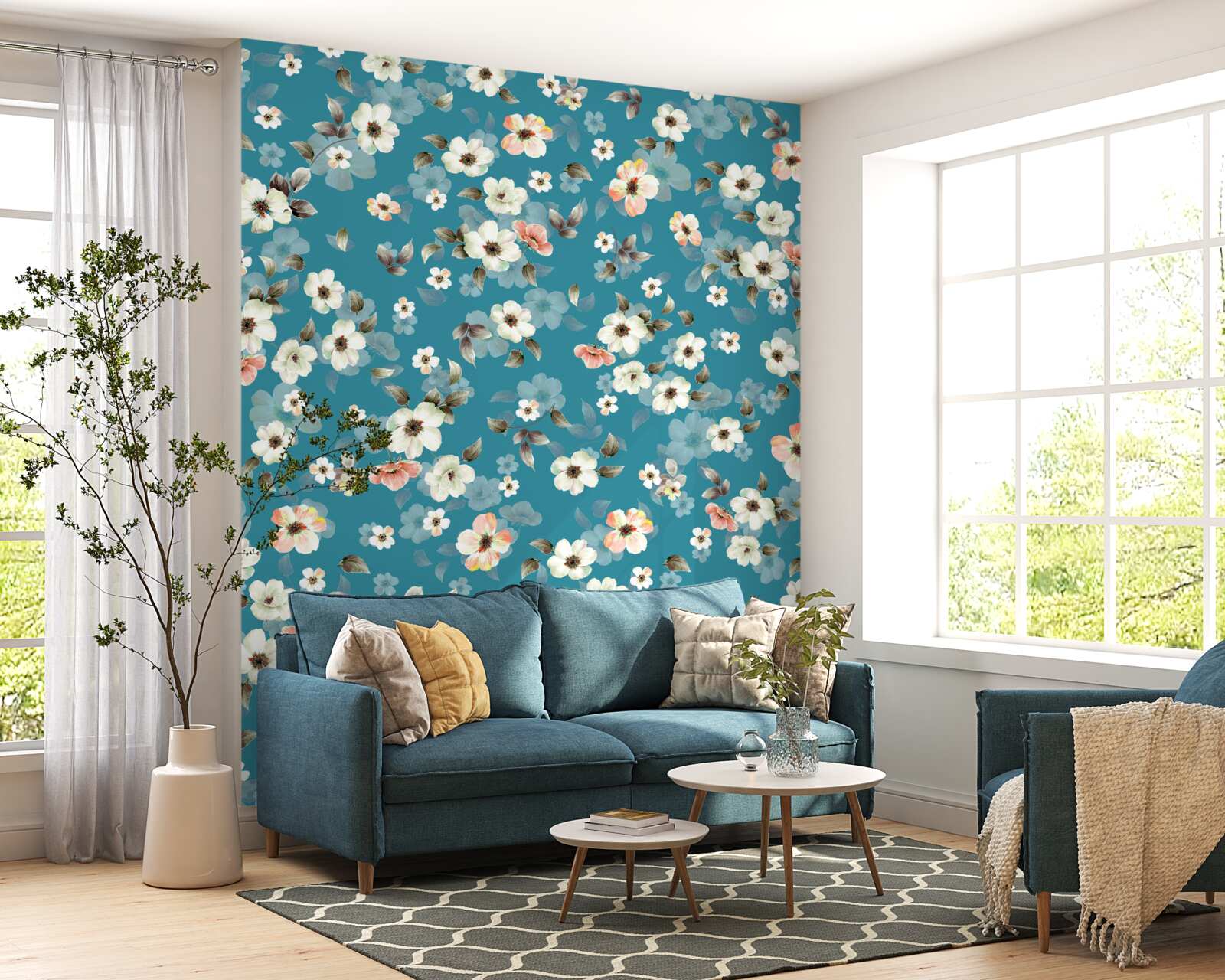 Fototapet flori mici pe o bază albastră