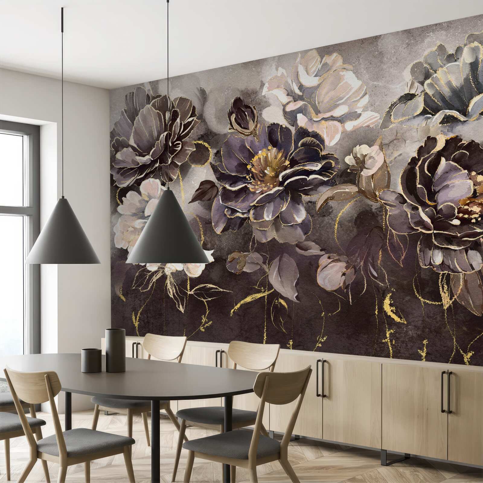 Fototapet bujori în alb și negru