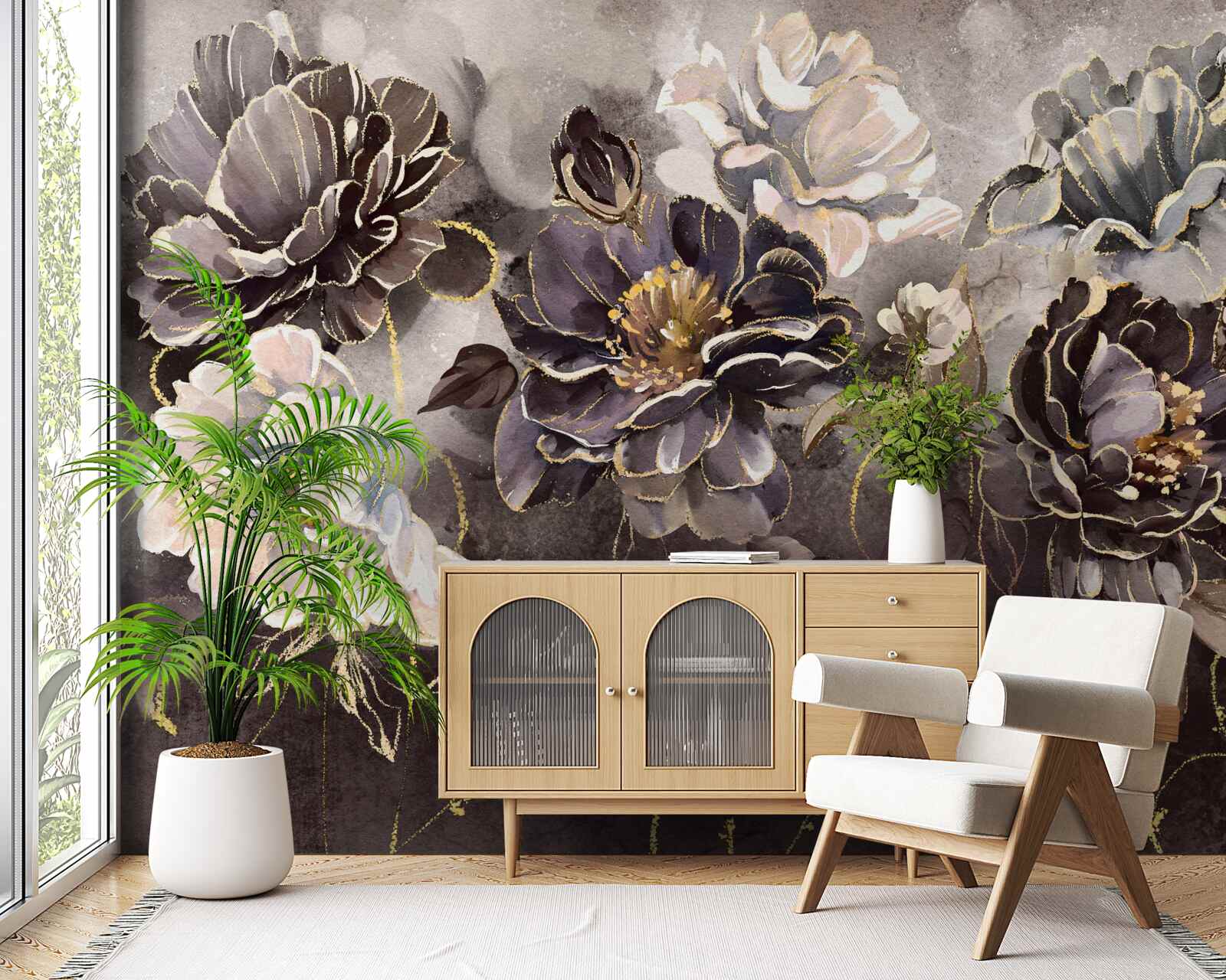 Fototapet bujori în alb și negru