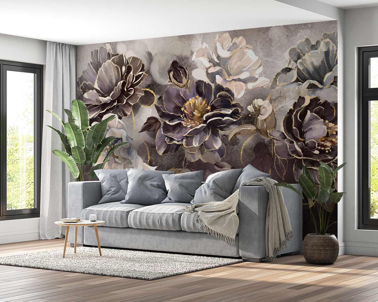 Fototapet bujori în alb și negru